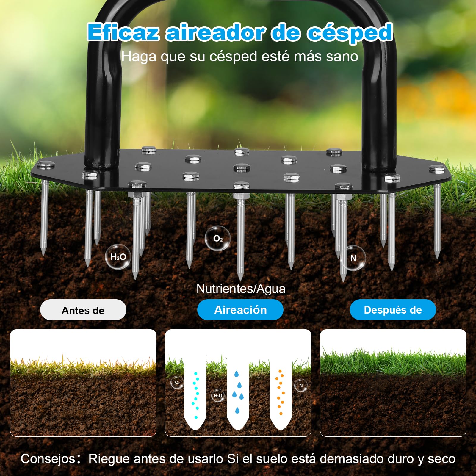 Aireador de Césped Manual - Aireador de Césped Resistente con 18 Picos Duraderas, Herramienta de Aireación de Césped Desmontable con Empuñadura en T y Placa de pie Ancha, Ideal para Patio, Jardín