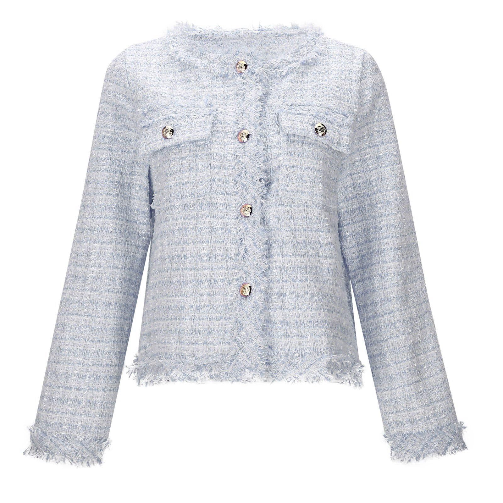 Generisch Damen Tweed-Jacke mit Fransen-Details - Elegantes Bouclé-Jäckchen im Pariser Chic | Klassische Kastenjacke für einen zeitlosen Look