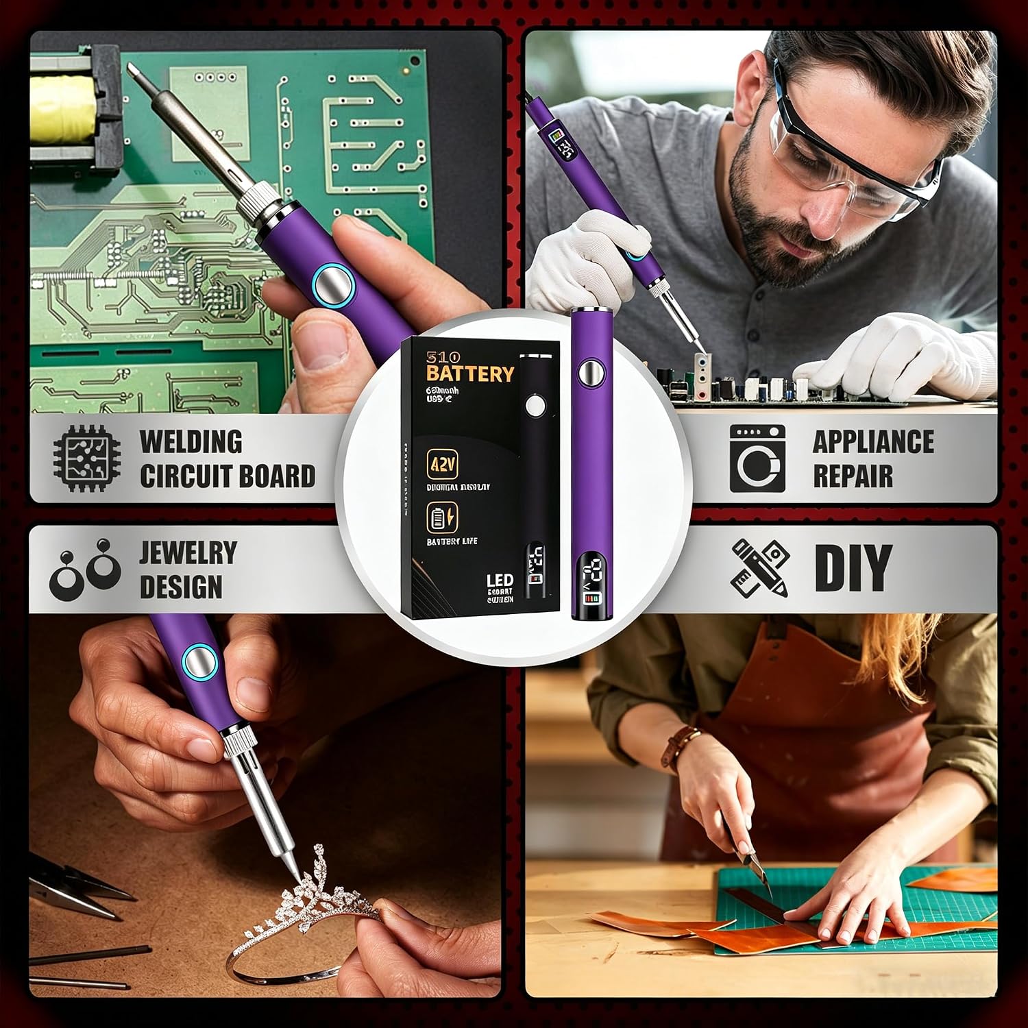 510 Threaded Interface Soldering Pen With Led Display, Usb-C Charging, 3-Level Precise Temperature Control, Suitable for Precision Appliance Repair, Electronic Product Repair and Div Repair (Purple)