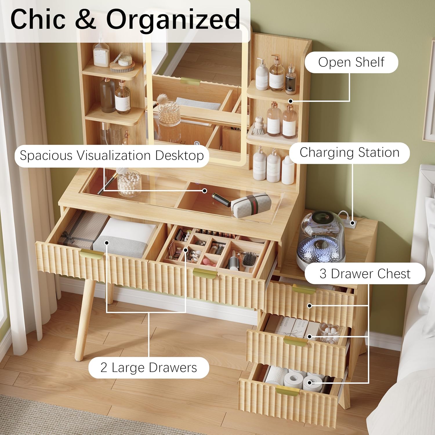 42'' Fluted Makeup Vanity Desk with LED Lights Mirror & Charging Station, Modern Glass Top Vanity Table with 5 Drawers & Open Shelves, Dressing Table for Bedroom, Living Room, Oak