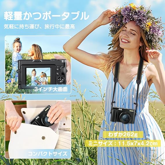 Digital Camera, 4K Digital Camera, 48 Megapixels, Autofocus, 1080P Video Recording, 16x Digital Zoom, Compact, Lightweight, Flash, 180 ° Rotating Screen, Selfies, Beginners, Students, Vlog, Image