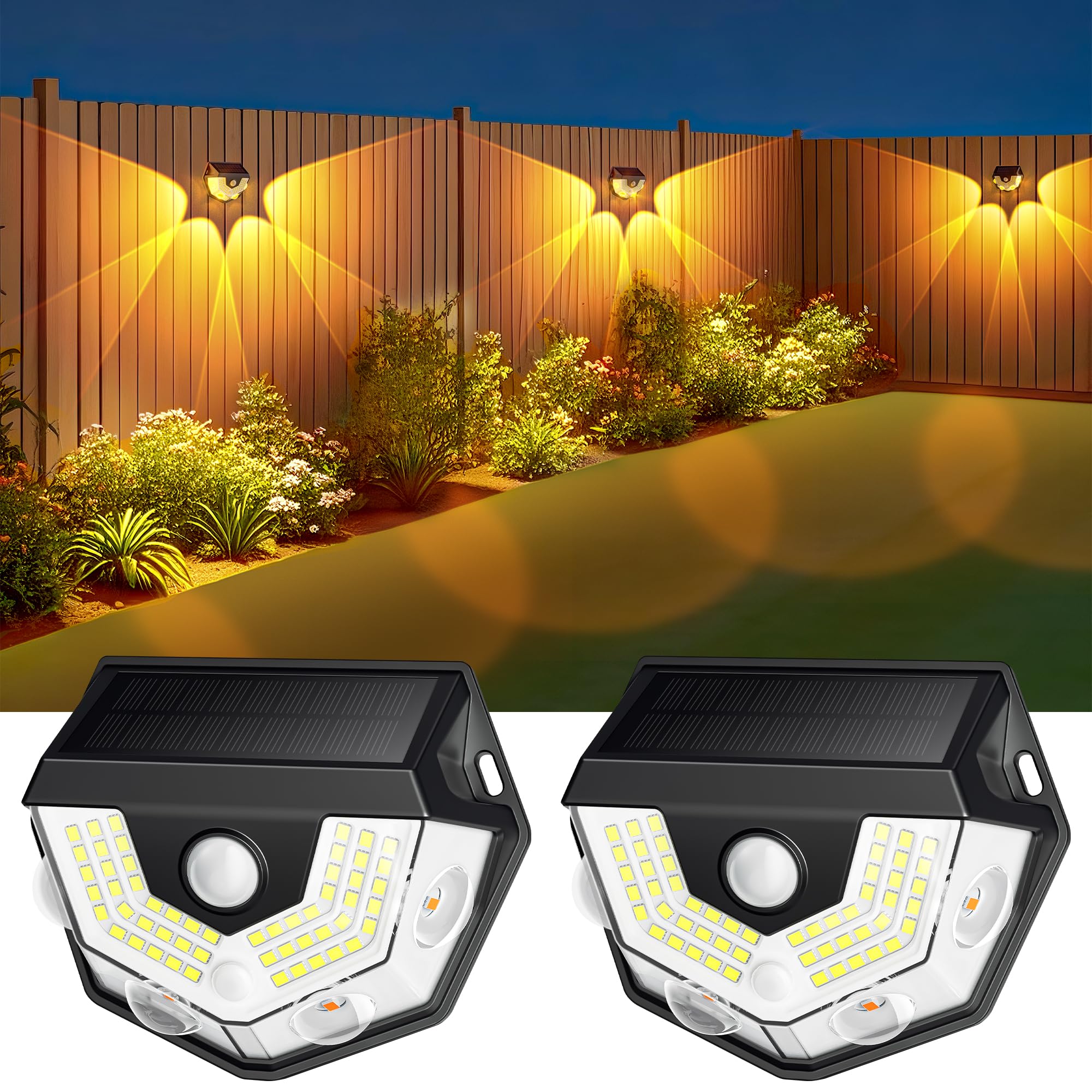 Aplique Solar Exterior Pared, 2 Piezas superbrillantes 270 LED Solares Exteriores Jardin 3 modos Luz Solar Jardin Led Lámpara de pared Solar Exterior IP65 Impermeable para Jardín, Garaje, Calle, Patio