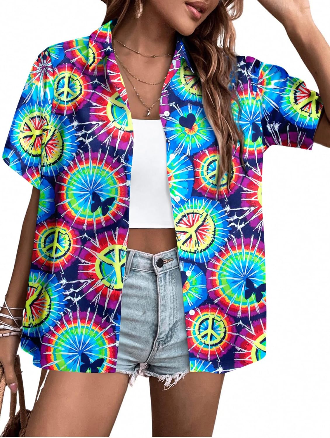 LUKYCILD Women 60s 70s Shirt Peace Sign Love Tshirts Hippie Short Sleeve Button Down Clothes Inspirational Tops