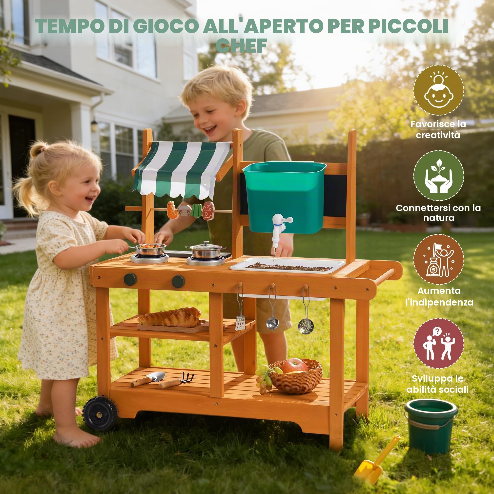 ROBUD Cucina esterna in legno per bambini con ruote, WG430