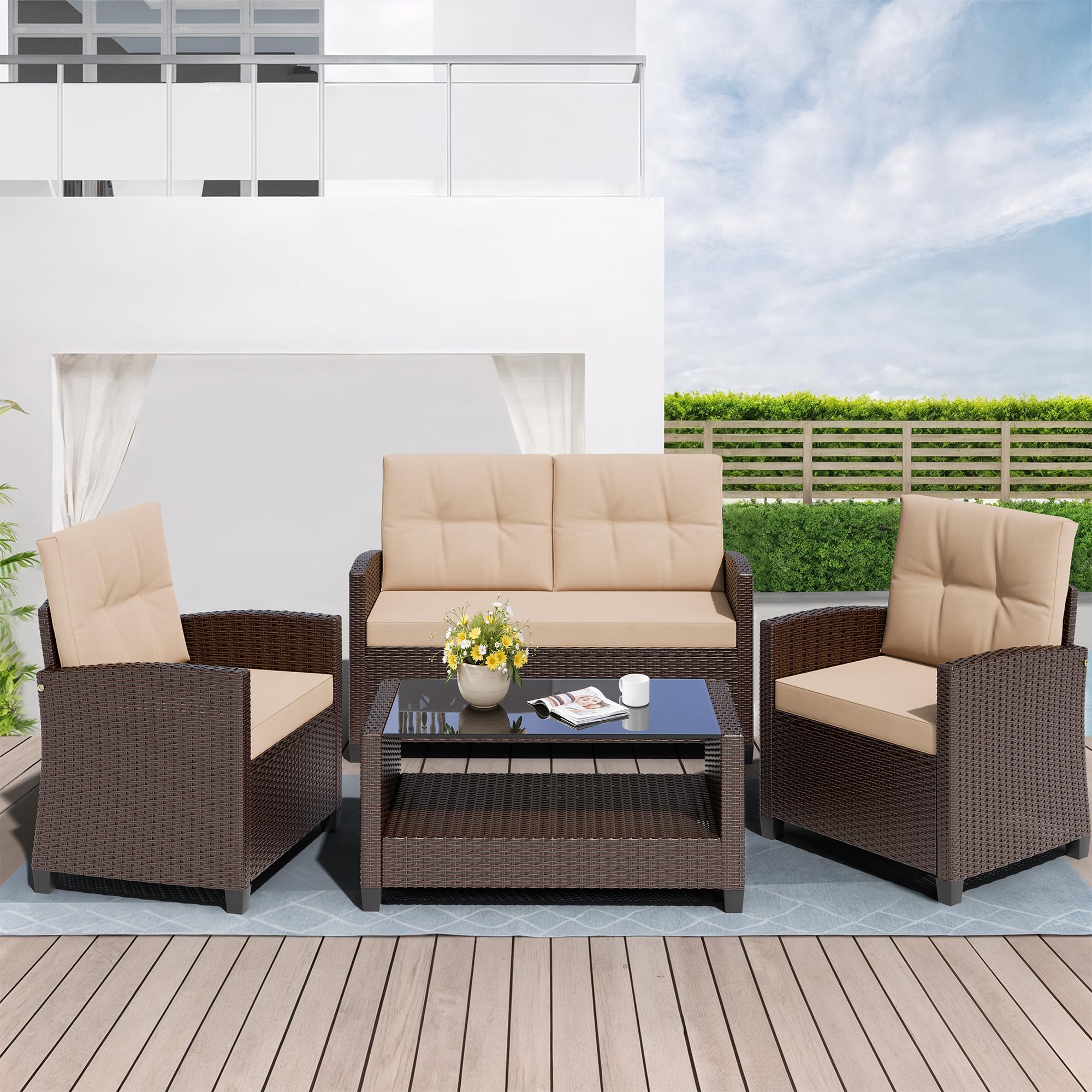 shintenchi 4 piece patio furniture set, outdoor rattan conversation set with coffee table, outside wicker sectional sofa couch with cushion, brown and khaki cushions not included similar set, not exact