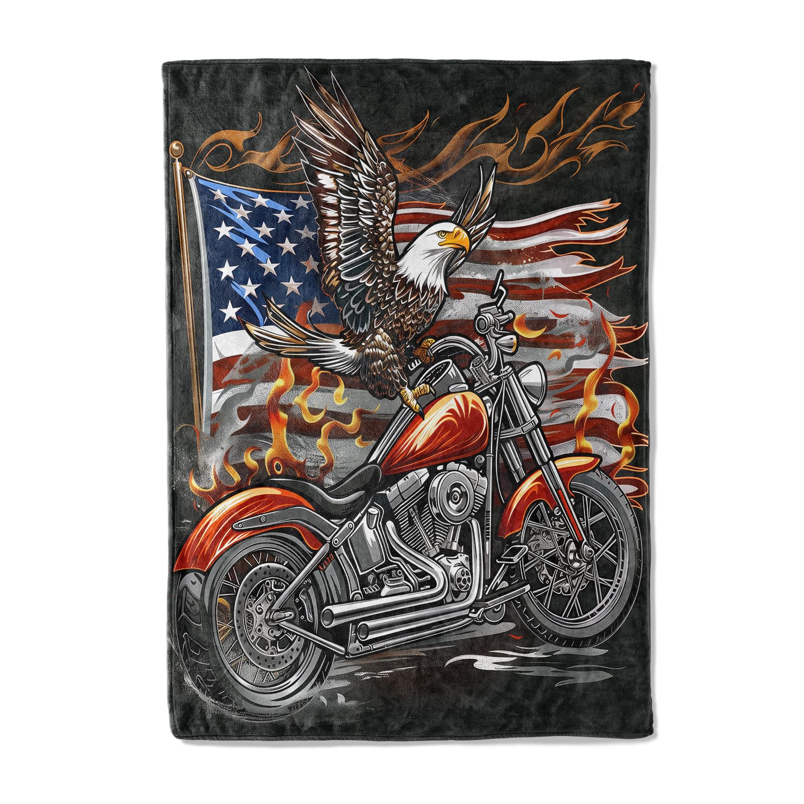 Eagle & American Flag Motorcycle Plush Flannel Throw Blanket - Soft, Warm, Comfy, Lightweight, Anti-Pilling, Fuzzy Cover for Couch, Bed, Travel -