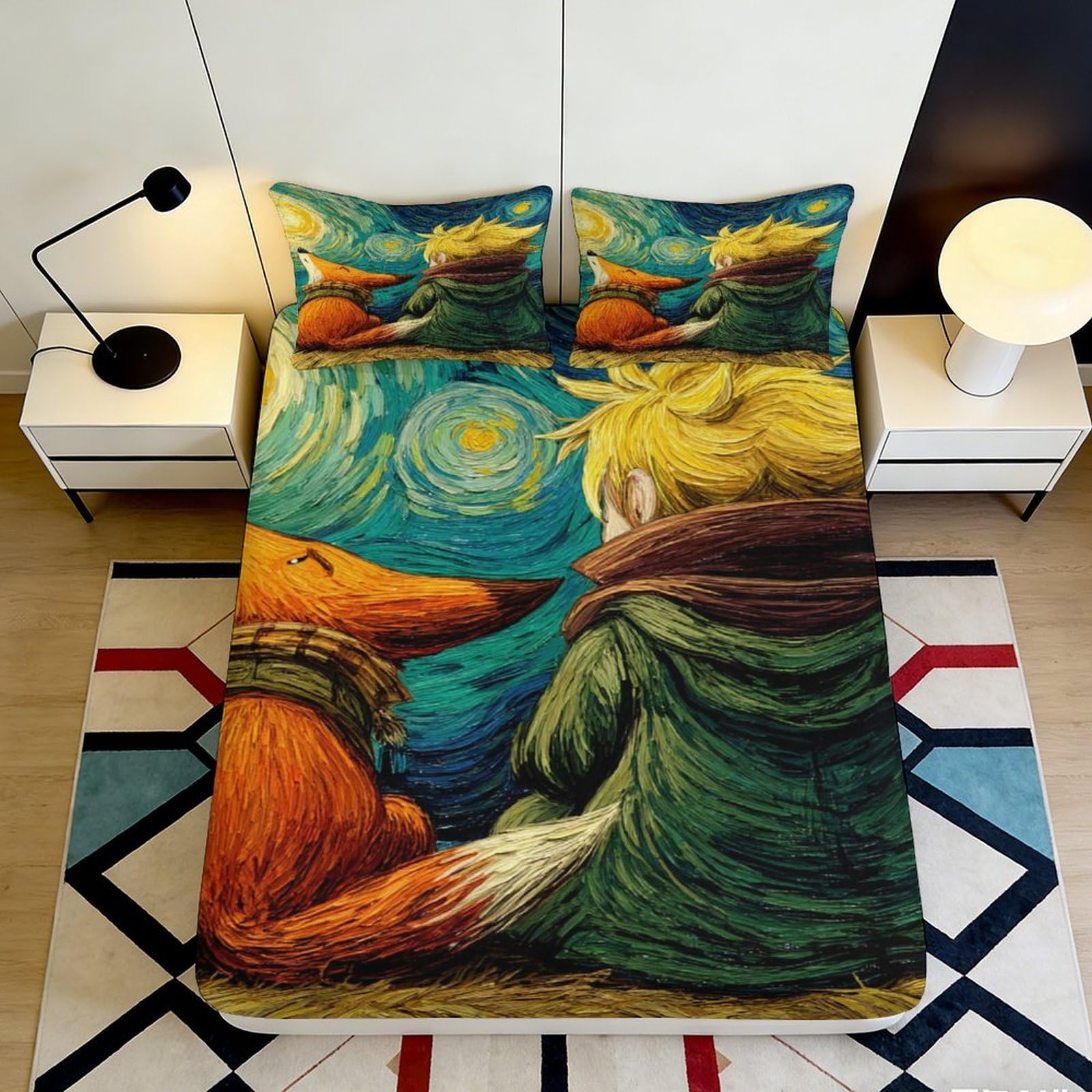 3D Printed Starry Night Fitted Sheet Microfiber Soft Breathable Fox and Boy Bed Cover for Bedroom Dormitory Guest Room Mattress Protection Decor 160x200x25cm
