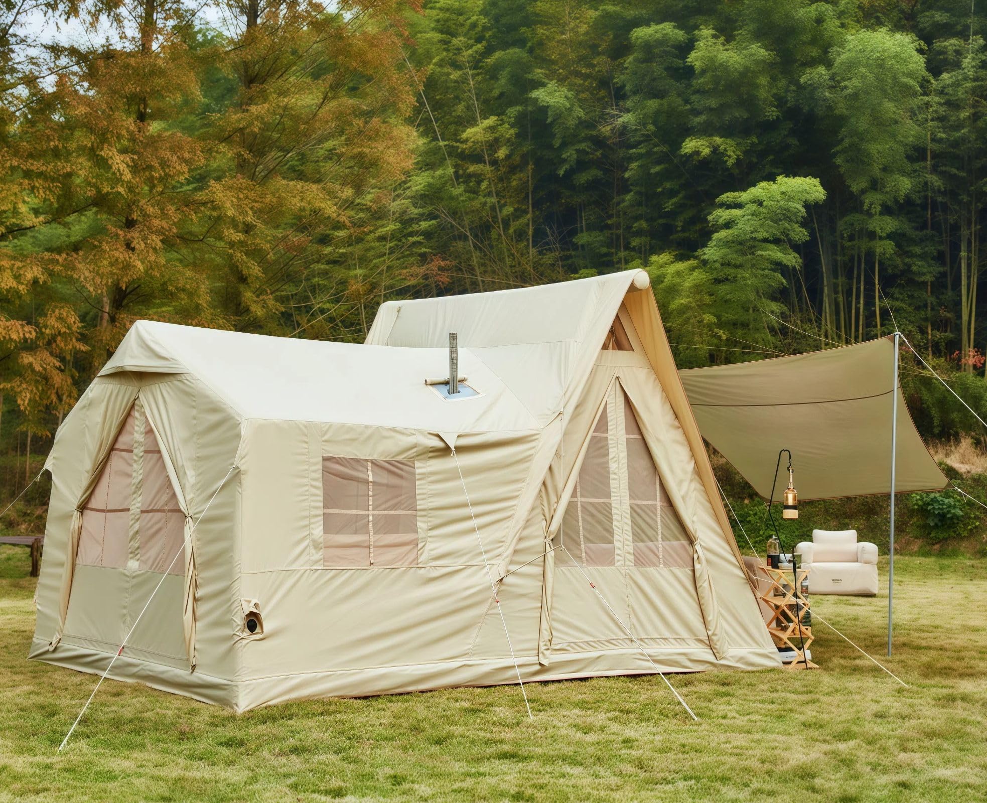 15.7x11.8FT Inflatable Tents for Camping, 8-12 Person 2 Room Blow Up Tent with TPU Skylight, Movie Screen, A/C Port, Stove Jack, Mesh Windows & Pump, 4 Season Waterproof Windproof