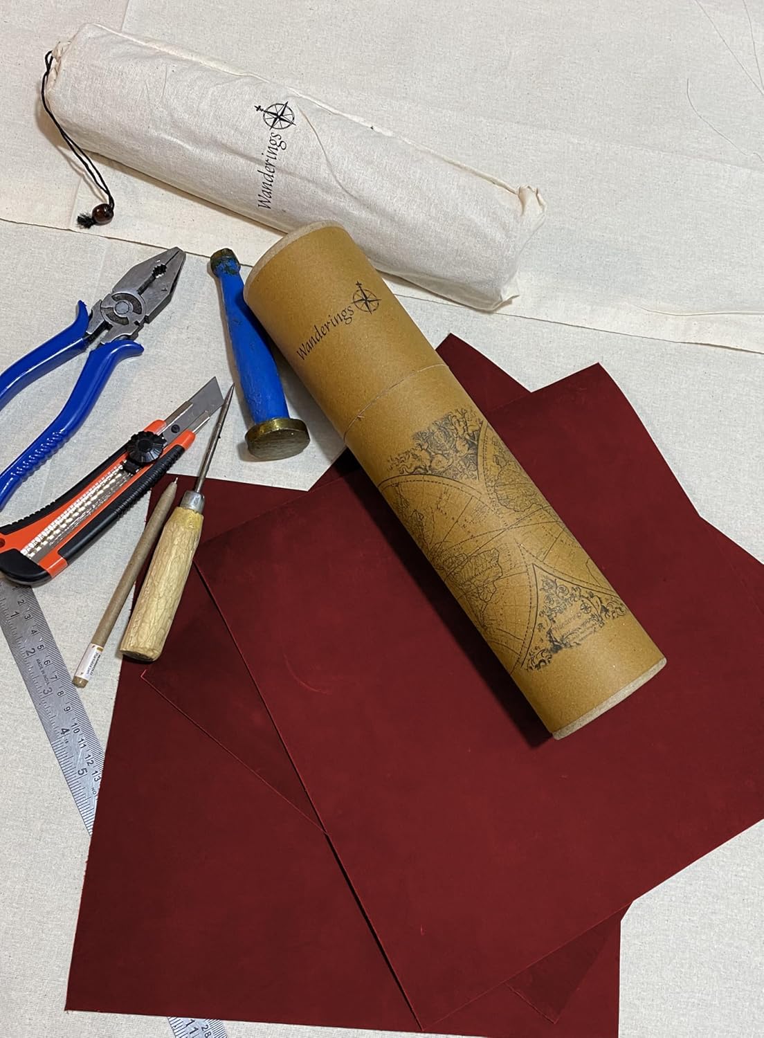 Wanderings Red Leather Sheets for Crafts – 3 Sheets (12x12") + Leather Cord (36") - Genuine Full Grain Buffalo Leather Squares - Great for Jewelry, Leather Wallets, Leatherworking Arts and Crafts