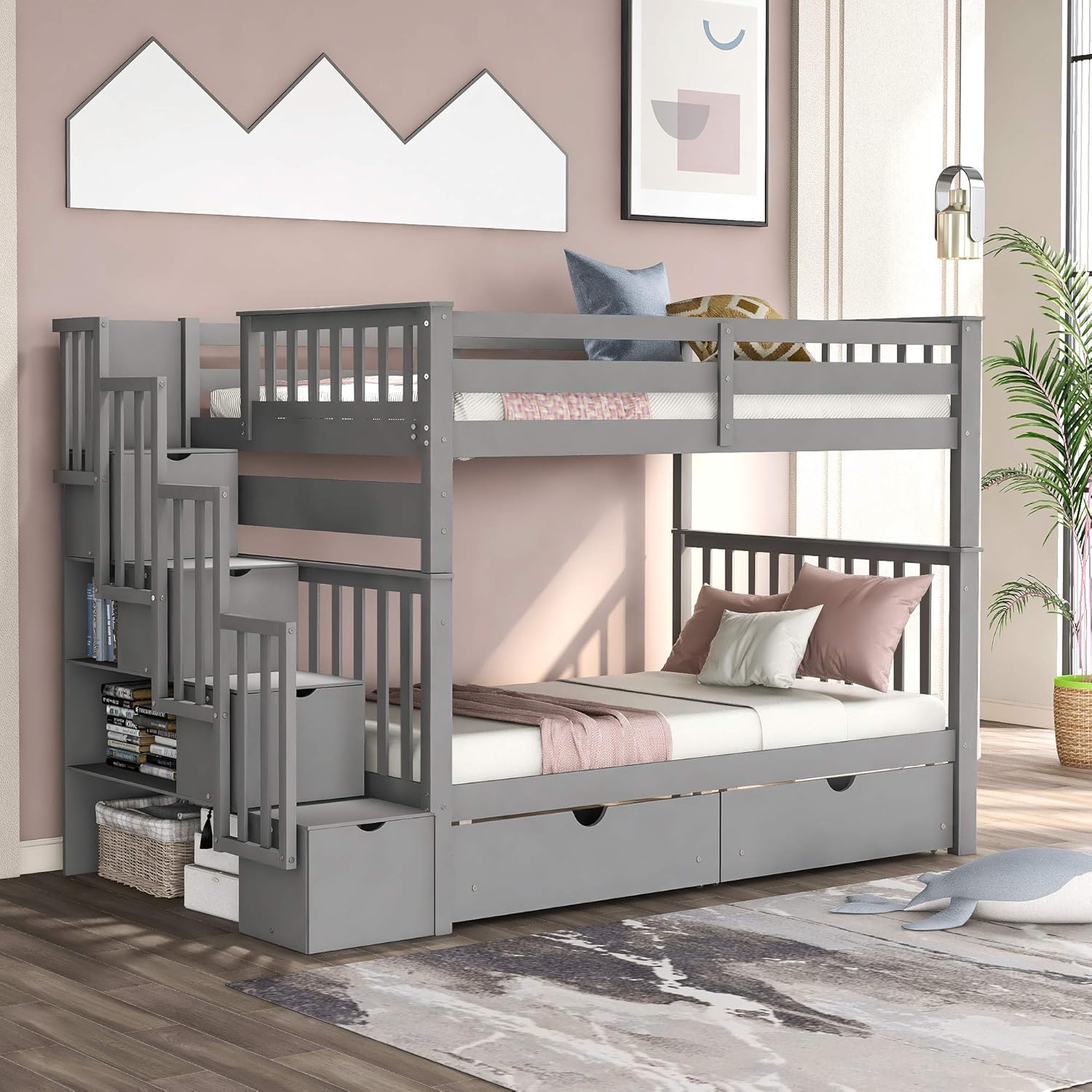 Buy Bellemave Stairway Bunk Beds Full Over Full with Storage Shelf Wood