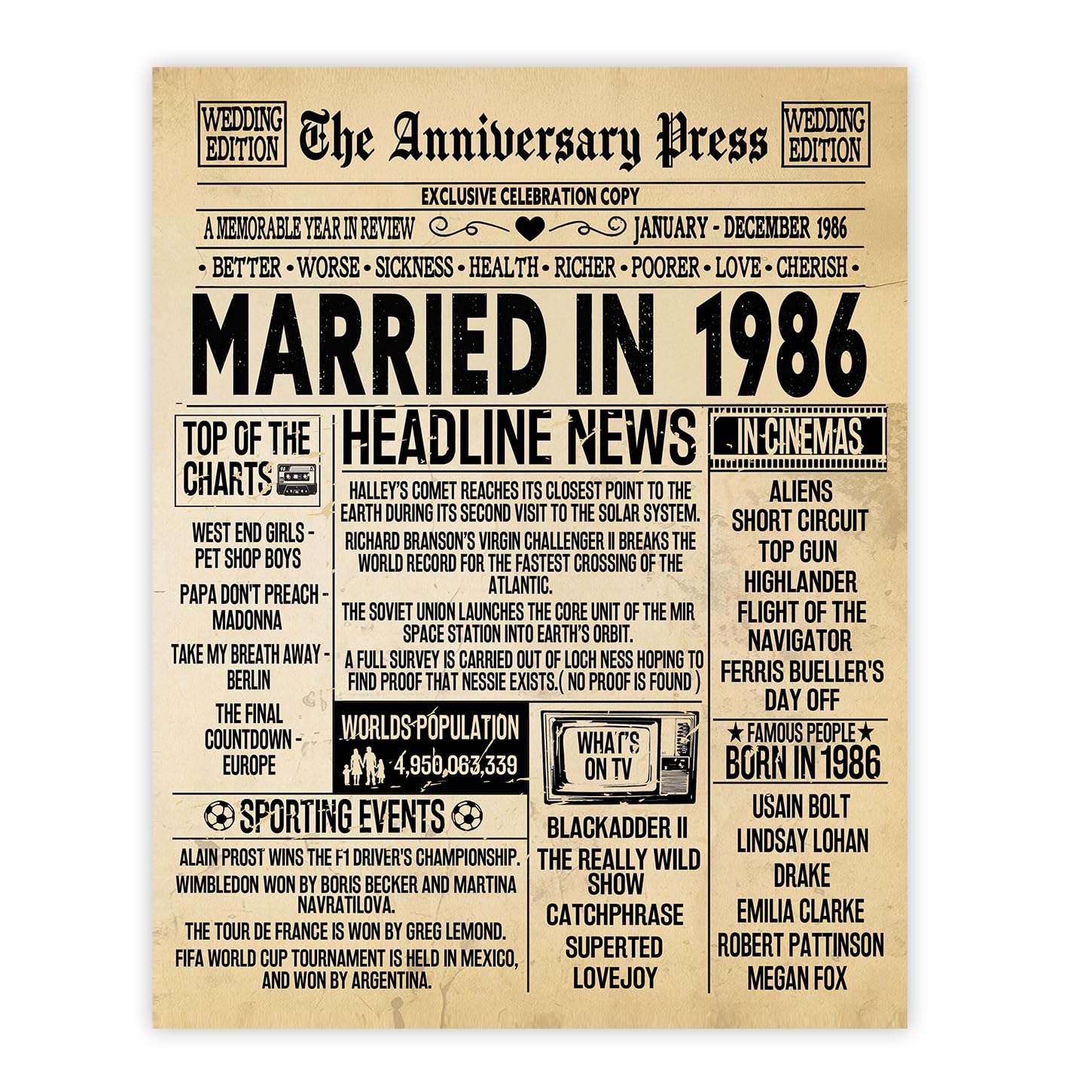 Stuff4 Men's 1986 40Th Anniversary Poster Unframed - Married In Newspaper - 40 Wedding Anniversary For Wo Retro Vintage Gifts Back In 8X10 Inch Anniversaries Posters