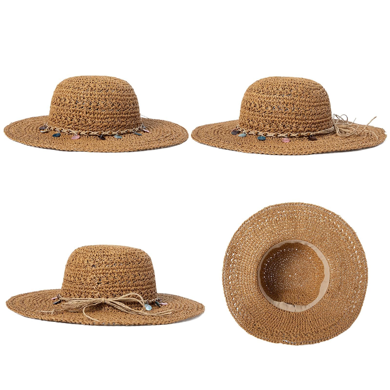 Comhats Kapelusz przeciwsłoneczny damski, letni kapelusz słomkowy, składany, ręcznie wykonany kapelusz plażowy, ochrona przed promieniowaniem UV, 94557_khaki, M