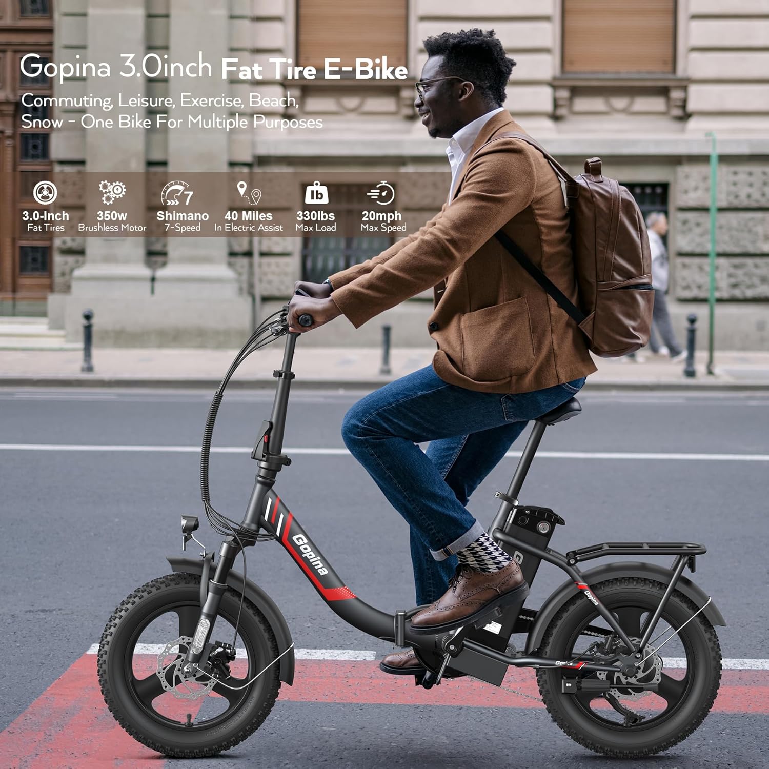 Vivi Gopina Electric Bike, 16" x 3.0 Fat Tire Electric Bike, Peak 500W Step Thru Electric Bicycle, 48V Removable Battery, Up to 40 Miles, LCD Display, 20mph, 7 Speed, SGS Certified to UL2849