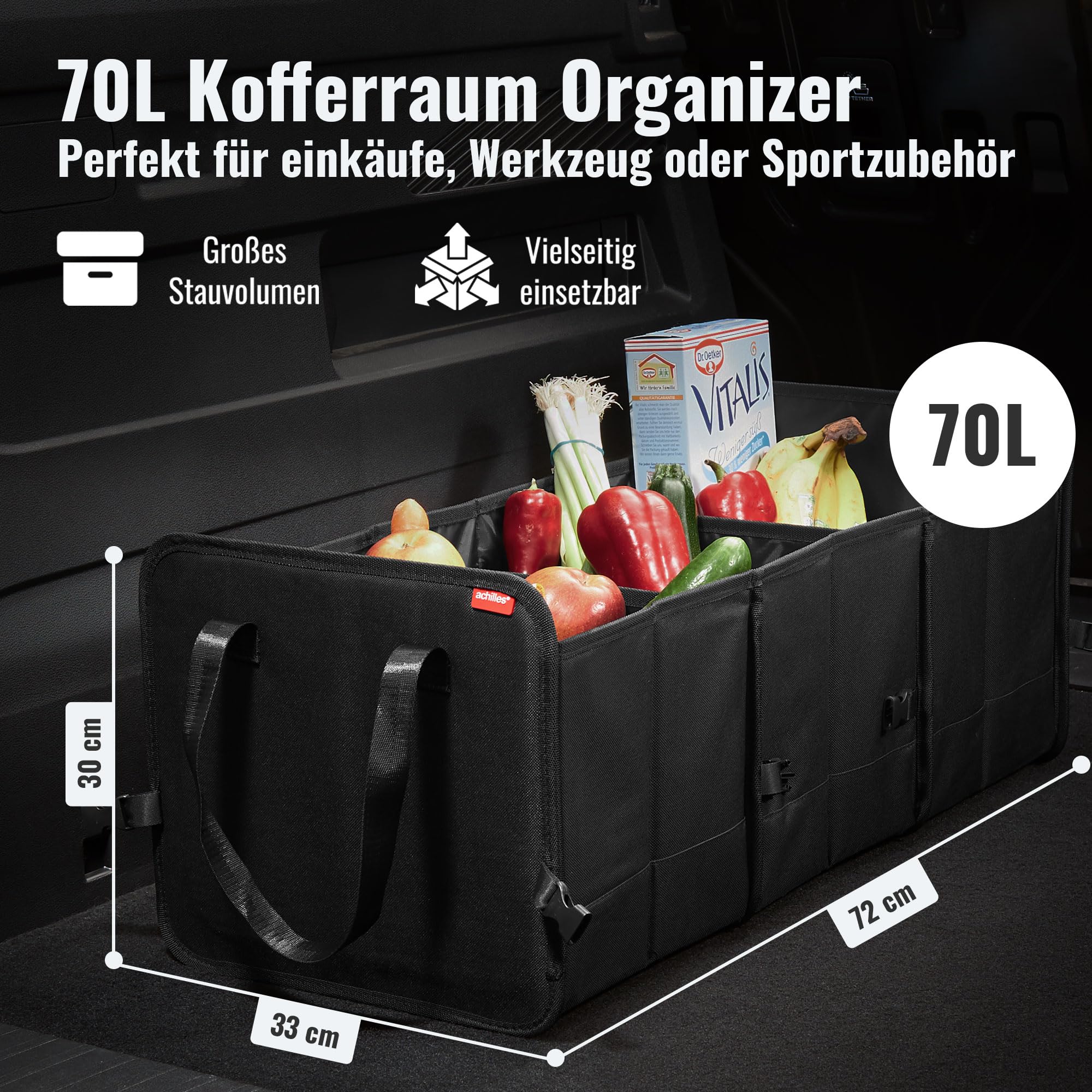Achilles Faltbare Autobox Auto Organizer Kofferraumtasche 74 x 33 x 30 cm Schwarz