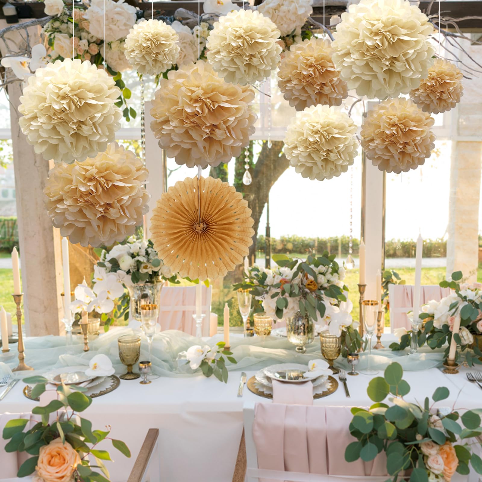 Set 12 Pompon Decorativi In Carta Velina - Marrone Chiaro, Per Feste, Matrimoni, Compleanni - Foto 3