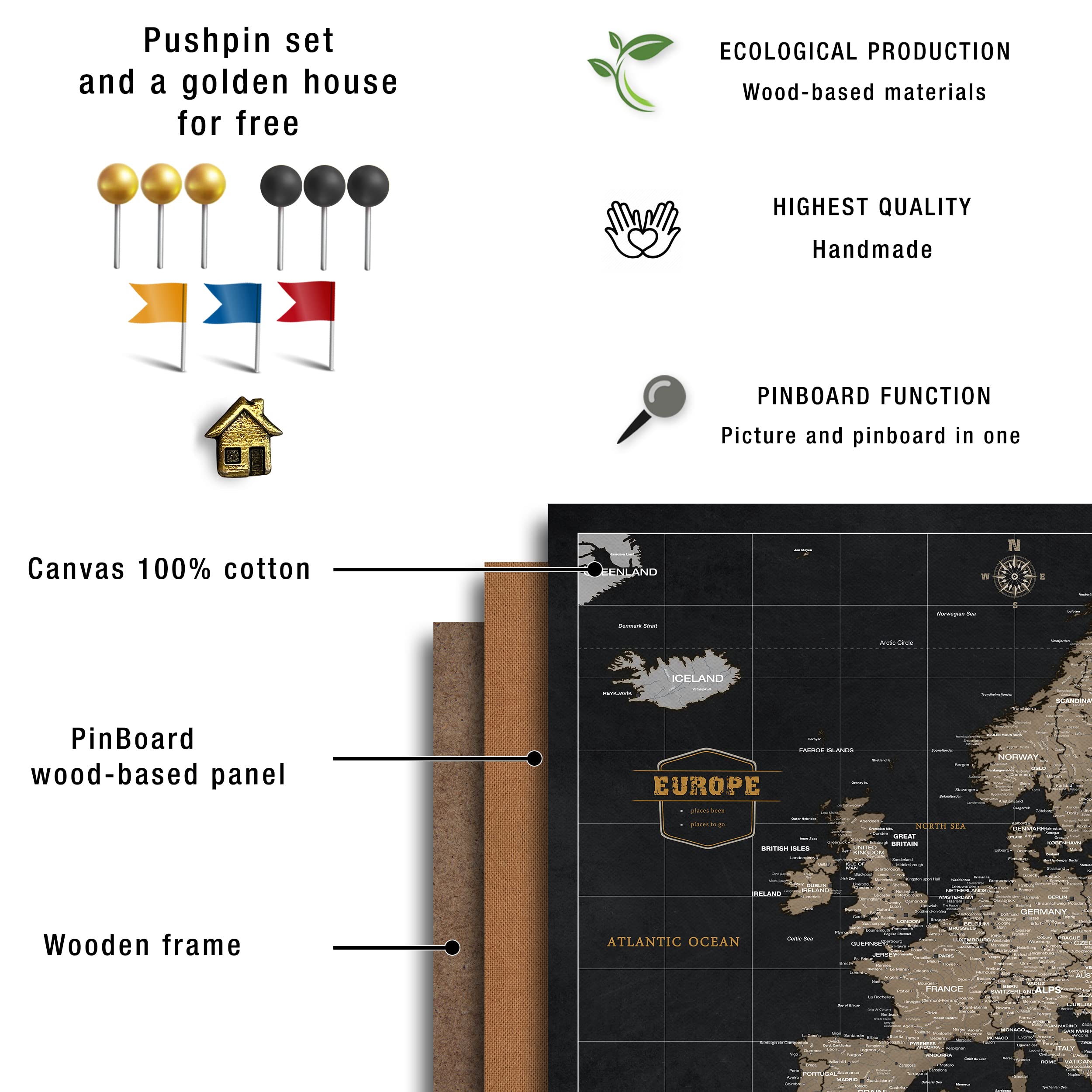Płócienna mapa Europy z korkiem do przypinania celów podróżnych, dekoracja ścienna do każdego pomieszczenia, wysokiej jakości obrazy na płótnie z mapą Europy, w różnych rozmiarach (55 x 40 cm, wzór 7)