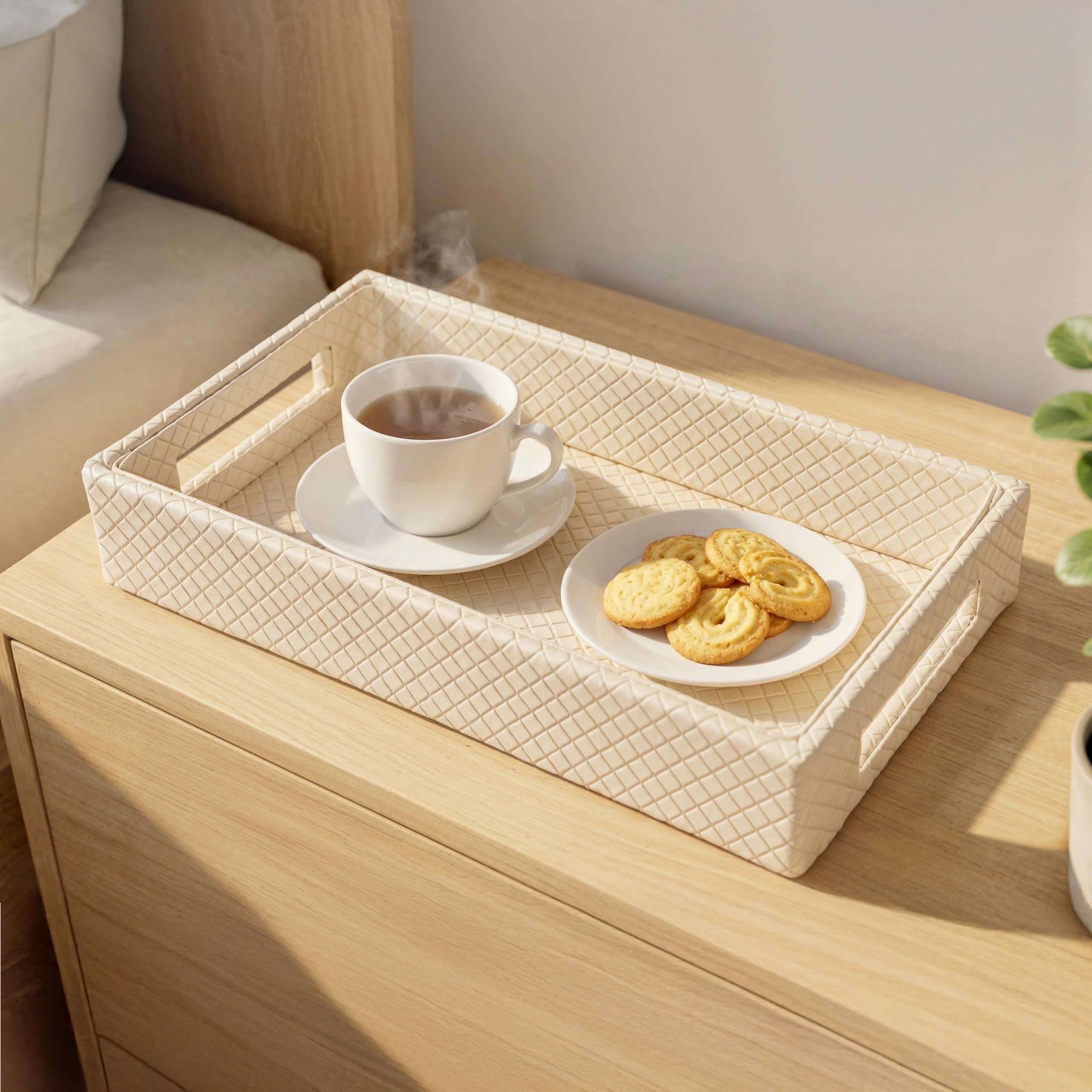 - Encasa XO Faux Leather Serving Tray with Handles | Rectangular Coffee Table & Bedside Organizer Tray | Water Resistant, Wipeable Decorative Tray for Home & Office | Medium (20x33 cm), Cream