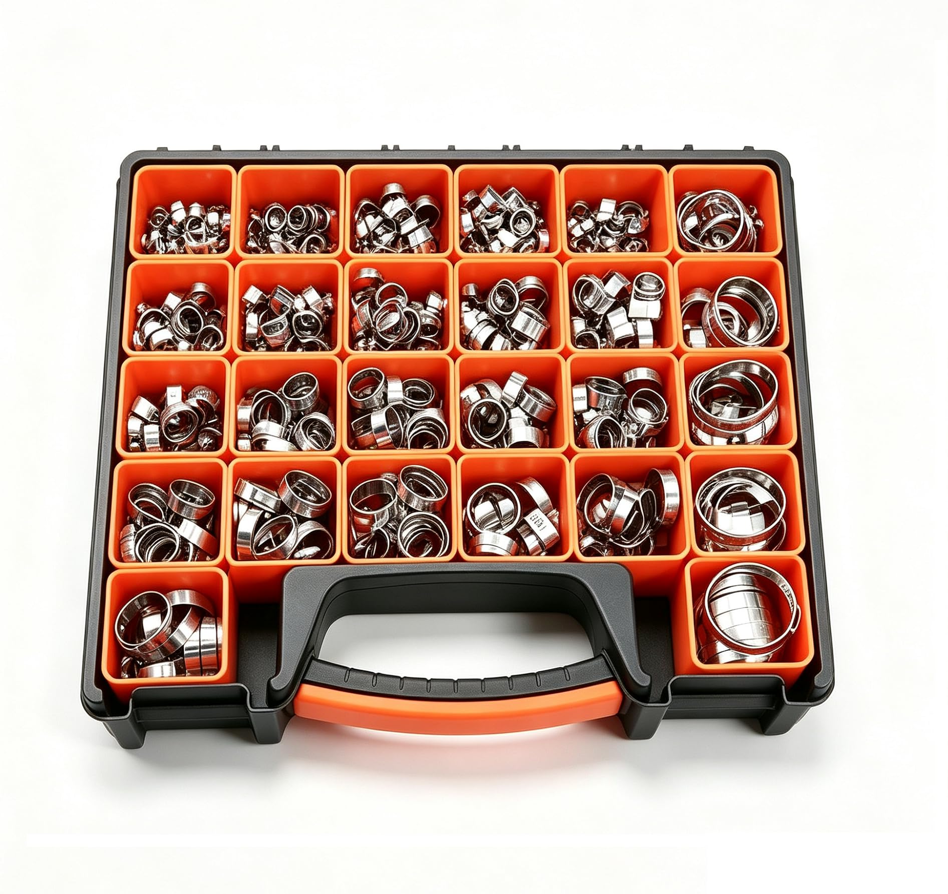 660-teiliges komplettes Ohr-Schlauchschellen-Sortiment-Set, 304 Edelstahl, 26 Größen (5,3–36,1 mm), Cinch Crimp Schlauchschellen, stufenlose Klemme mit Werkzeugen für Sanitär/Garten/Automobil