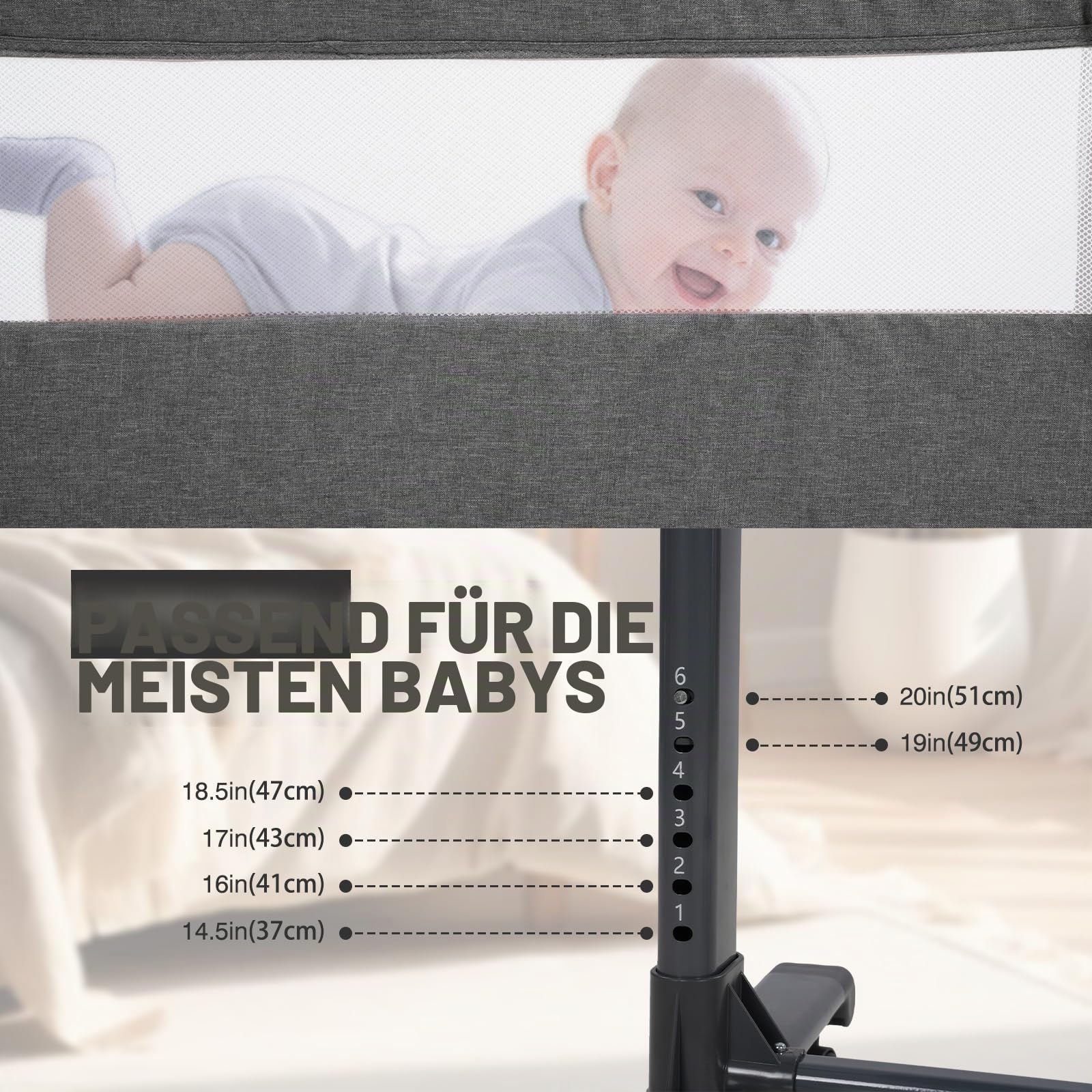 3 in 1 Babybett, Baby Wiege, Baby Stubenwagen, Babybettchen, Beistellbett, Reisebett Tragbares Kinderbett (grau)