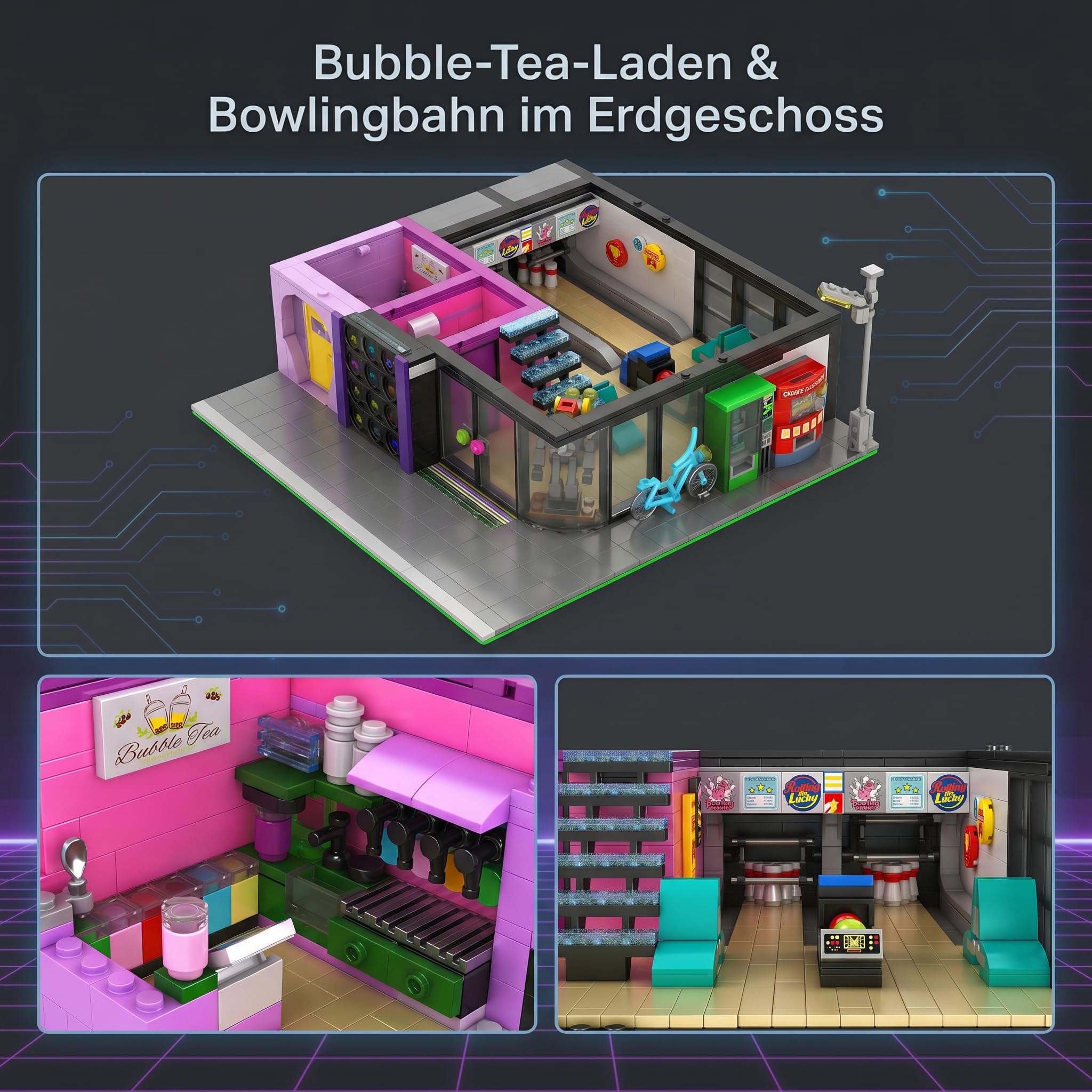Klemmbausteine Cyberpunk Spielhalle, 2600 Teile | Retro Arcade Modular Building, Zukünftige Stadt Haus Bausatz für Erwachsene, Kompatibel mit Barweer BWR004