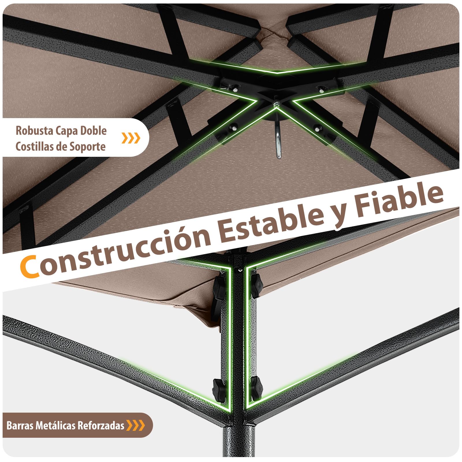 COSTWAY Carpa de Barbacoa 242 x 150 cm, Pergolas de Jardin de Techo Doble con 2 Estantes, 6 Ganchos, Estructura Metálica, Cenador para BBQ Jardín Terraza Fiesta Picnic (café)