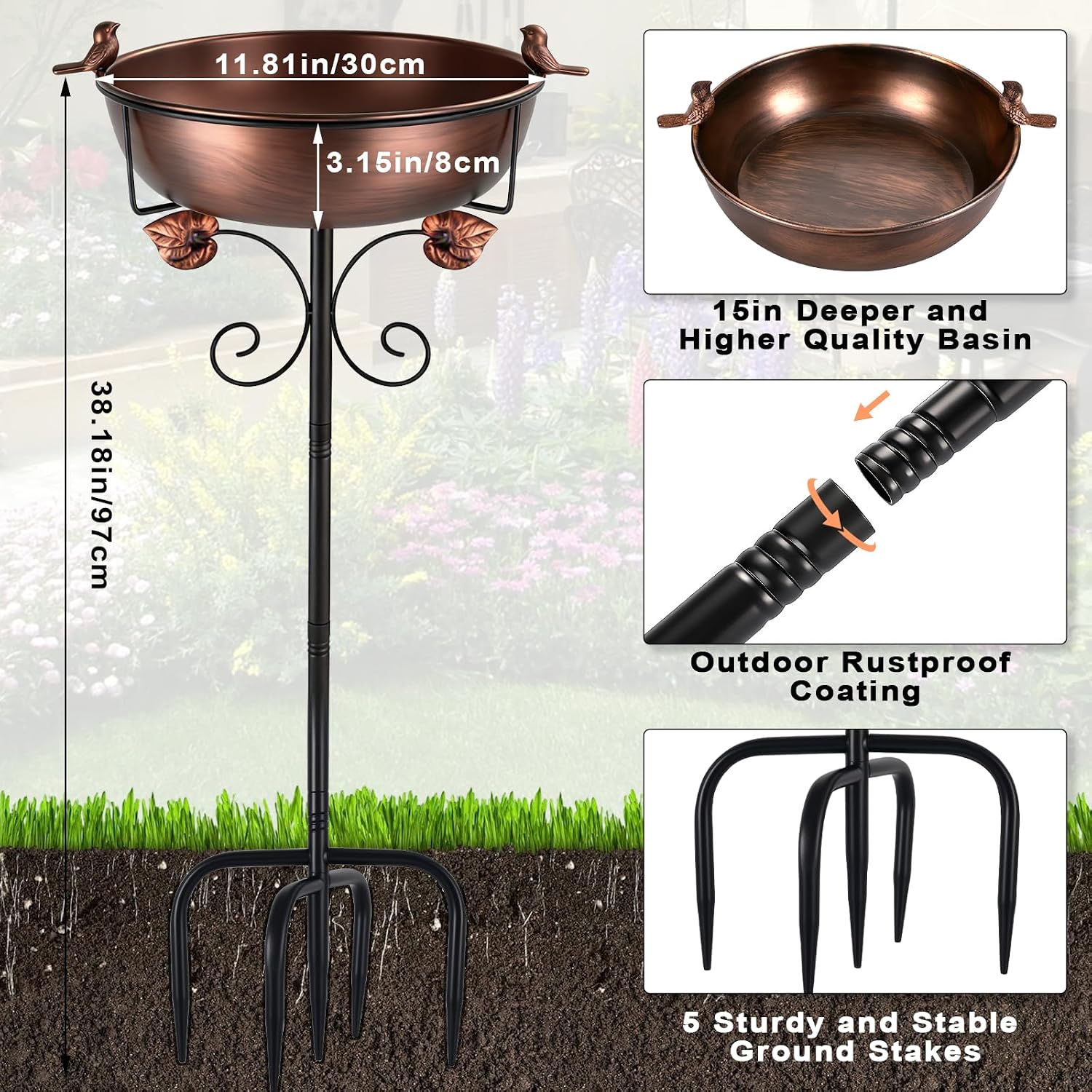 Bird Bath for Outside,3.15" Deep 38" High Metal Birdbaths for Outdoors,Removable 12" Dia Bowl with Sturdy 5-Pronged Base,1.5 Gallon Capacity,Suitable for Garden, Patio, and Lawn Decoration