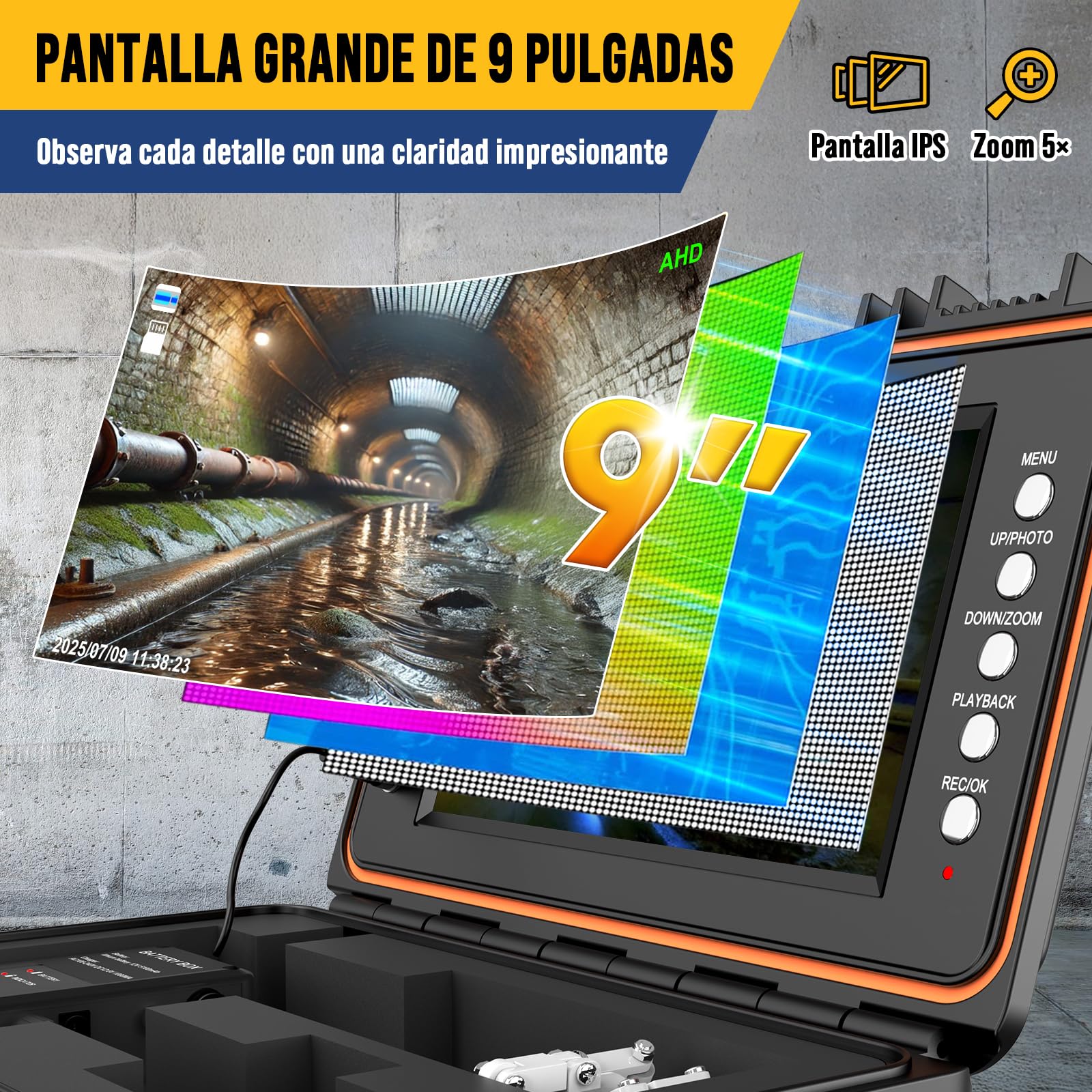 Cámara de Inspección de Tuberías con Sonda 512Hz Y Auto-Nivelación 1080P, Cable de 50M con Marcadores, Pantalla IPS HD de Nueve Pulgadas, 32GB DVR, Batería 5100mAh, IP68 Impermeable