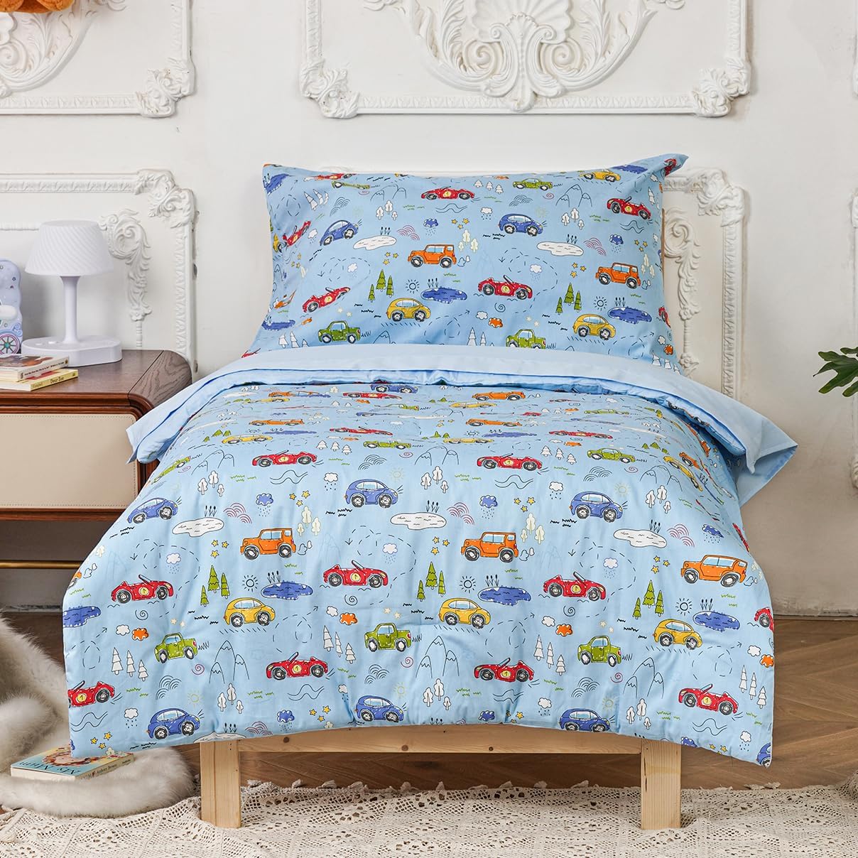 KAREVER Cotton Toddler Bedding Set Blue Cars Print 4 Pieces Crib Bed Set Kids Cotton Blue Comforter Set
