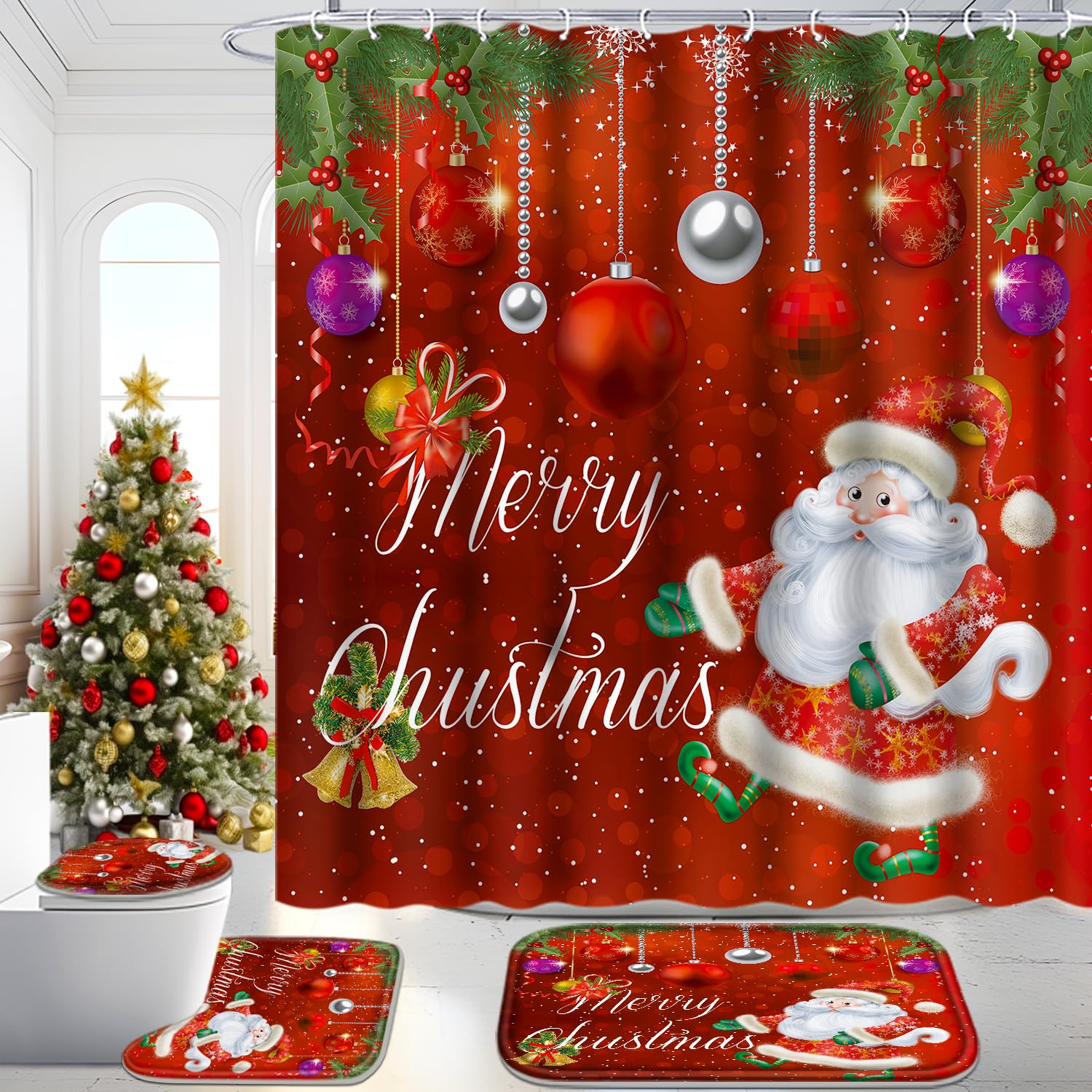 Amazon.com: Poedist Christmas Bathroom Set Decor,Shower Curtain Sets ...
