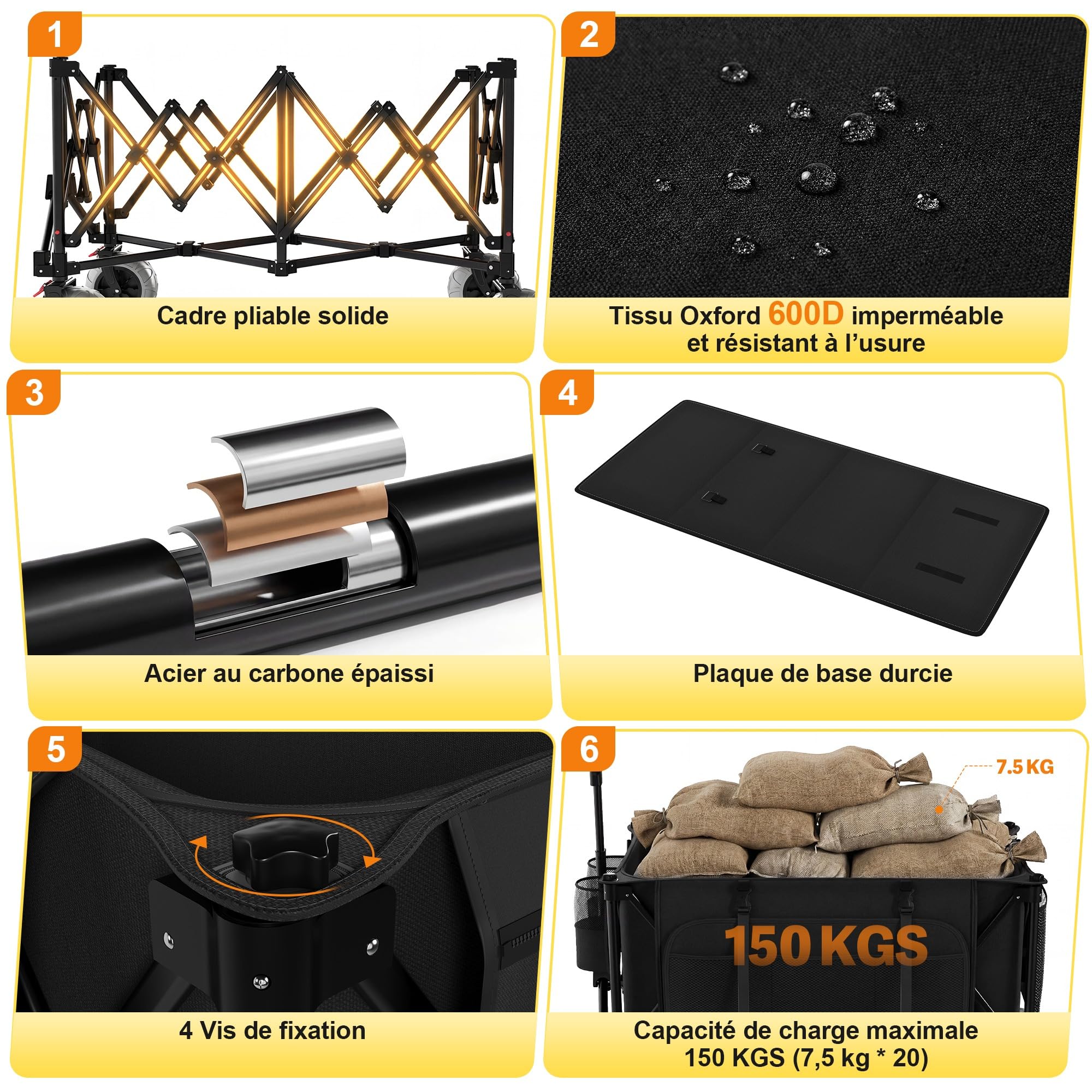 Devoko Chariot de Plage Pliable 200L 150KG, Chariot de Plage Tout Terrain avec PU Roues Extra Larges 21.5x10 cm, Charette Pliable Poignée Réglable Pivotantes à 90° pour Plage, Camping, Courses(Noir)