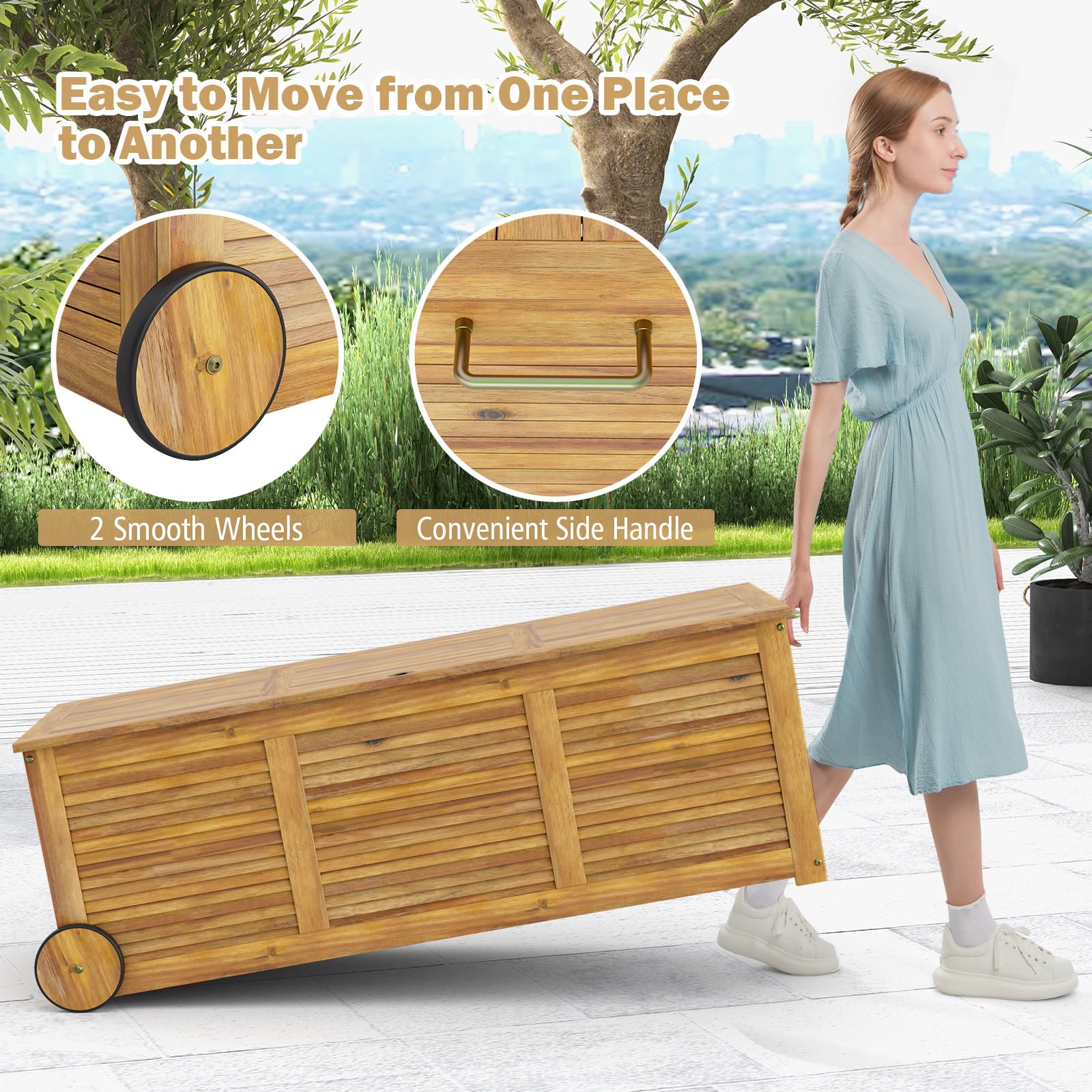 GIANTEX Cassapanca da Giardino in Legno di Acacia 182 L Contenitore con Ruote 127 x 50 x 45 cm