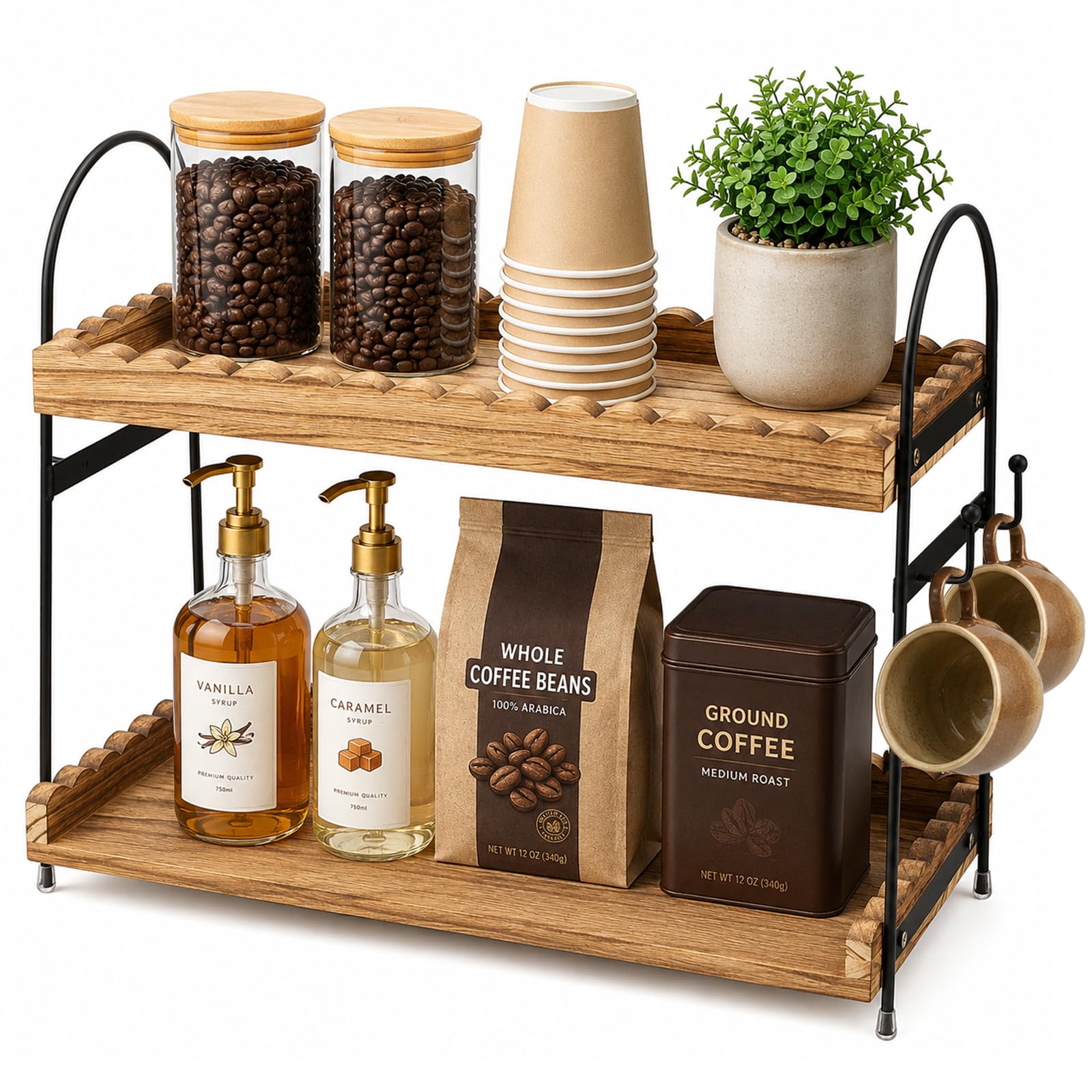 SMRONAR Coffee Station Organizer, 2 Tier Coffee Bar Accessories Storage with 4 Hooks, Spice Rack, Wooden Kitchen Countertop Organizer for Kitchen, Home, Coffee Bar