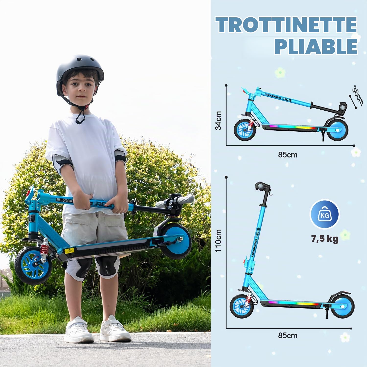 RCB R12 Max Trottinette électrique Enfant âge 6-12 Ans,jusqu'à 18km/h & 15 km,3-Réglage Hauteur,Suspension, 7" Pliable Trottinette Electrique, Lumières colorées, écran LED, Cadeau pour Enfant