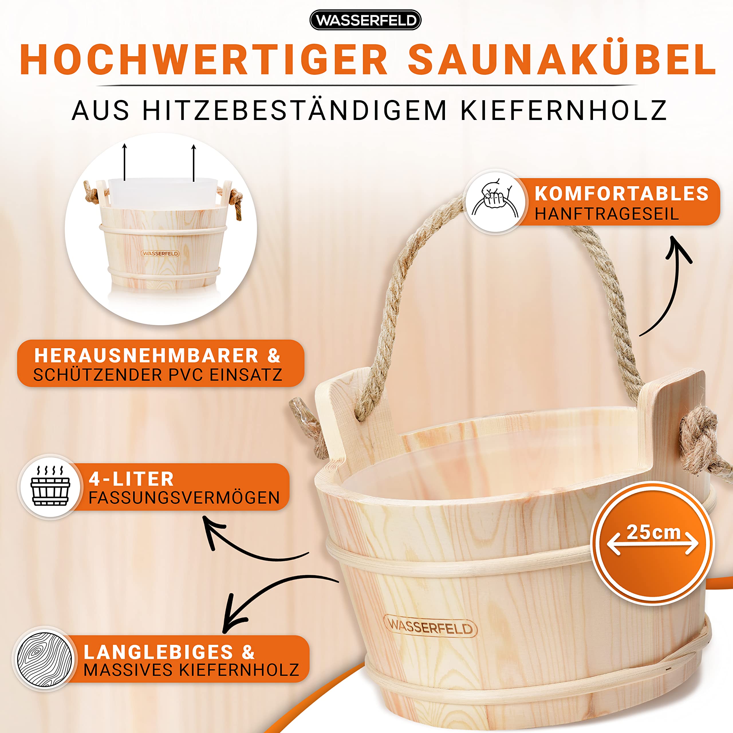 WASSERFELD® Seau de sauna (4 litres) – Seau de sauna de qualité supérieure avec truelle, sablier, thermomètre et hygromètre – Seau de sauna résistant à la chaleur de 4 l avec insert et corde de