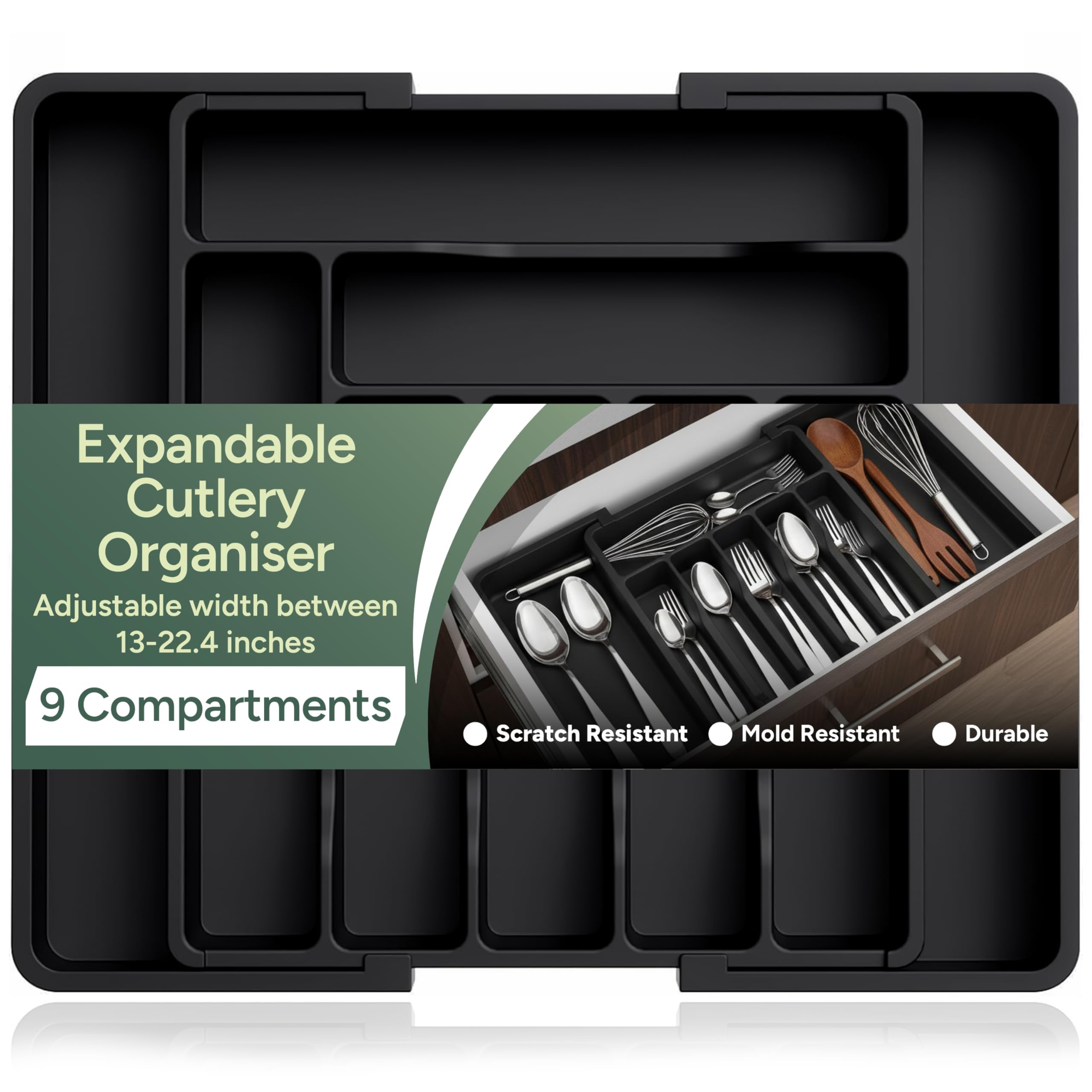 Zuvo Expandable Large Plastic Cutlery Organiser - Black Tray for Kitchen Utensils - Perfect for Large Drawers