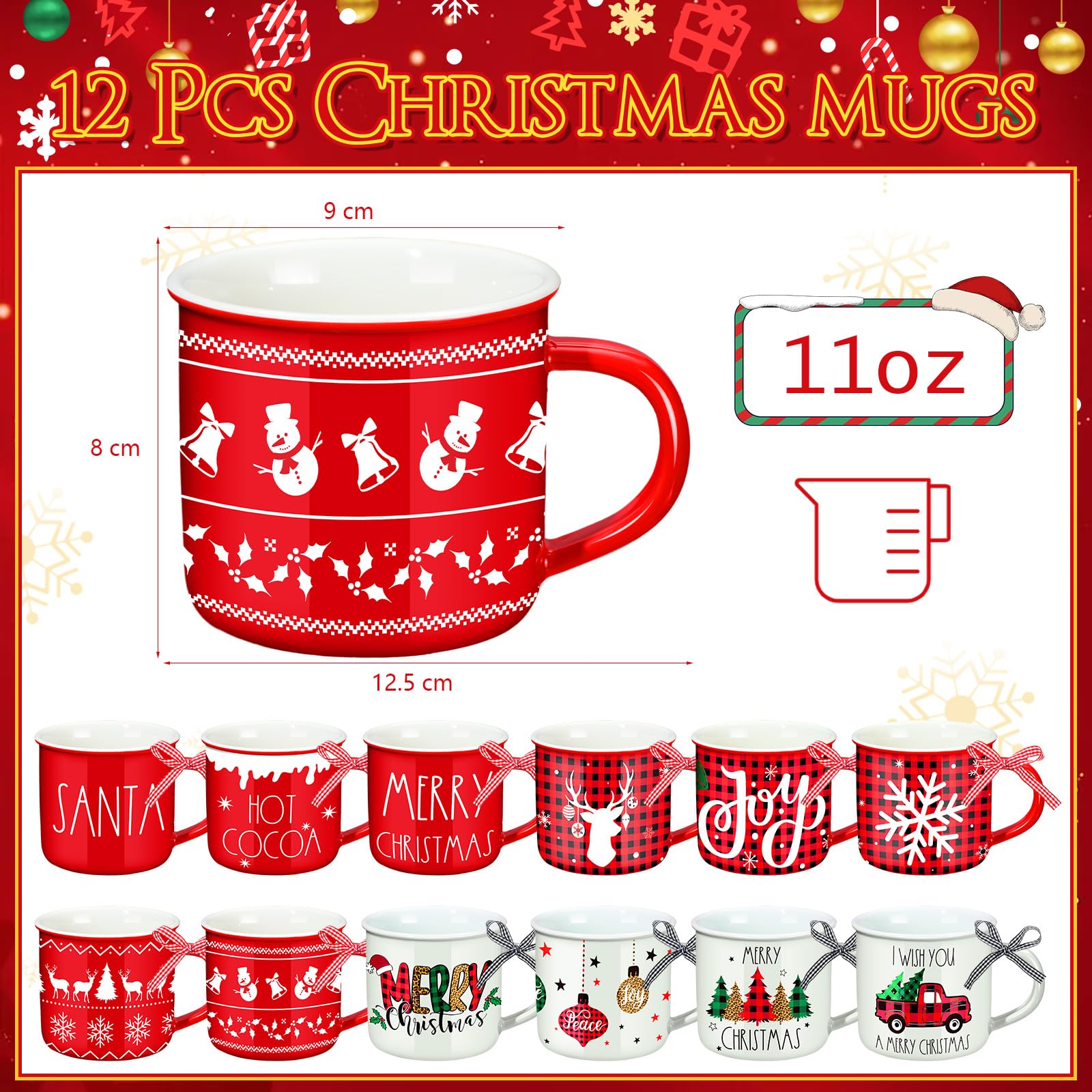 Baderke 12 Pcs Ceramic Christmas Plaid Mug with Ribbon 11 oz Hot Cocoa Christmas Coffee Mugs Santa Winter Holiday for Centerpieces Decorations Housewarming Gift