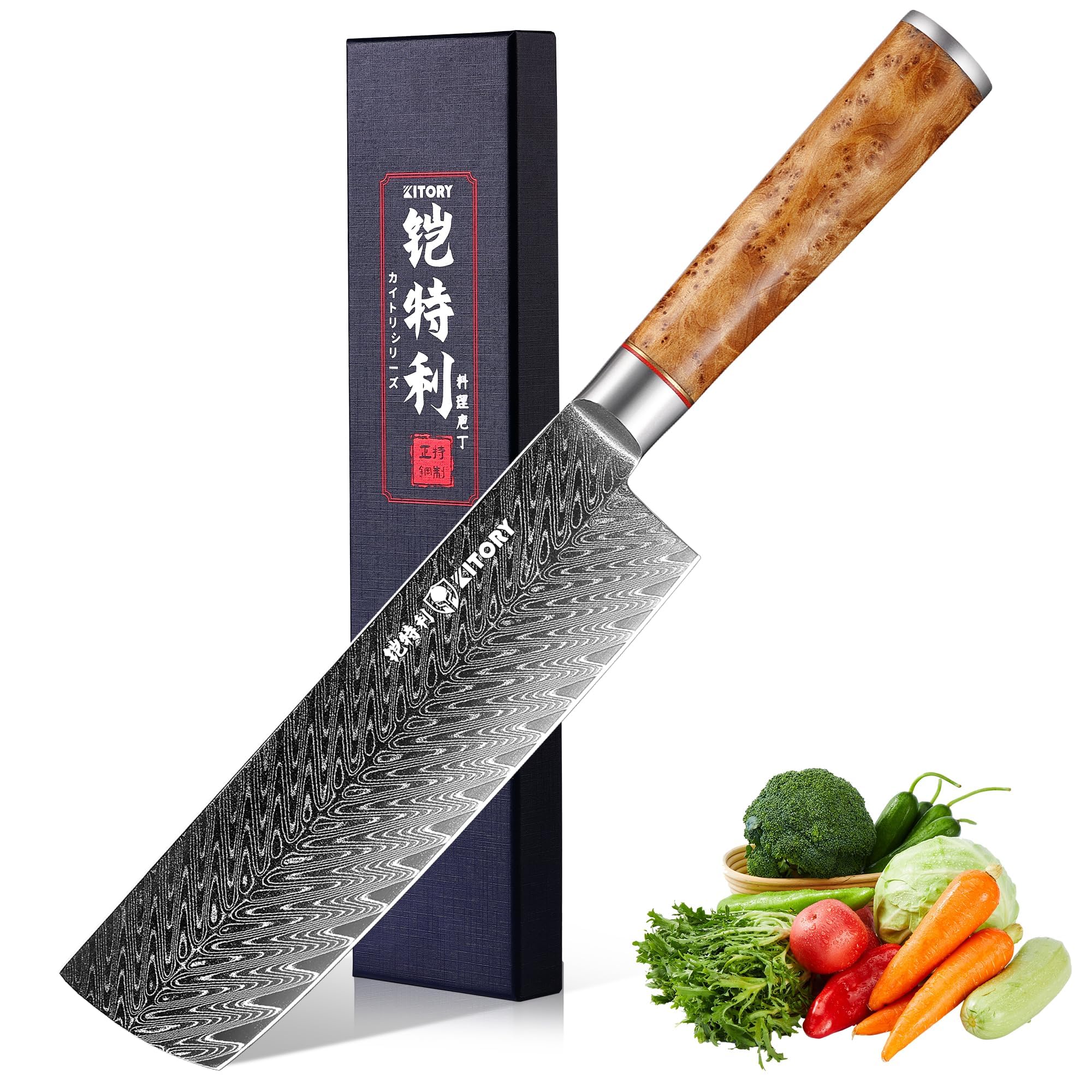 Nóż Japoński Nakiri Damasceński Kitory 18 cm Profesjonalny Nóż Kuchenny z 73-warstwowej Stali Damasceńskiej 10Cr15CoMoV z Rękojeścią z Drewna White Shadow (Biały Cień) - Seria Pro Damast