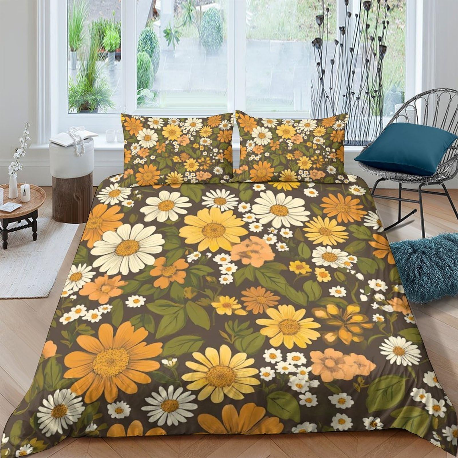 GPLZQXKJNH 3D Printed Retro Floral Duvet Cover Set Microfiber Soft Breathable Sunflower Daisy Quilt Cover with 2 Pillowcases for Bedroom Decor Single（135x200cm）
