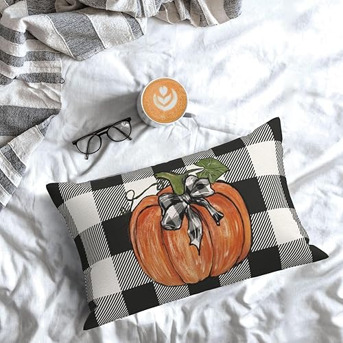 Miniatura 98 de Juego de 2 fundas de almohada de otoño de 18 x 18 pulgadas, hojas de arce de calabaza y búfalo a cuadros, decoración de otoño, de lino, Acción