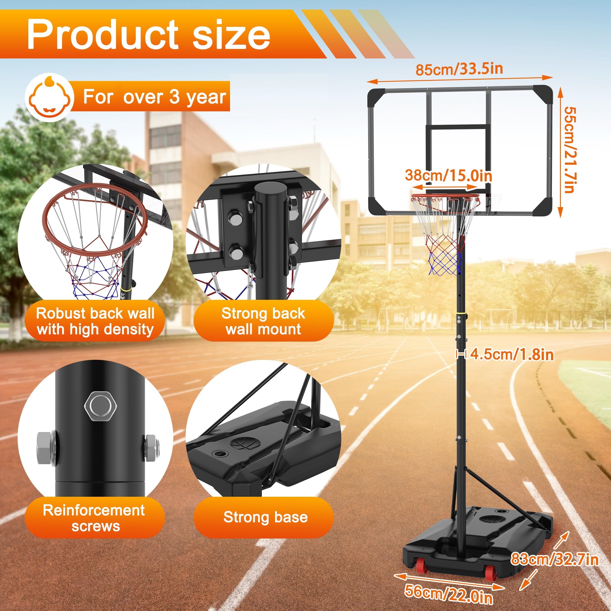 UISEBRT Freistehender Basketballständer Höhenverstellbar 150–260 cm | Bruchsichere PC-Backboard | Outdoor Basketballkorb mit 2 Netzen, Basketball Größe 5 & Luftpumpe für Garten, Terrasse, Einfahrt