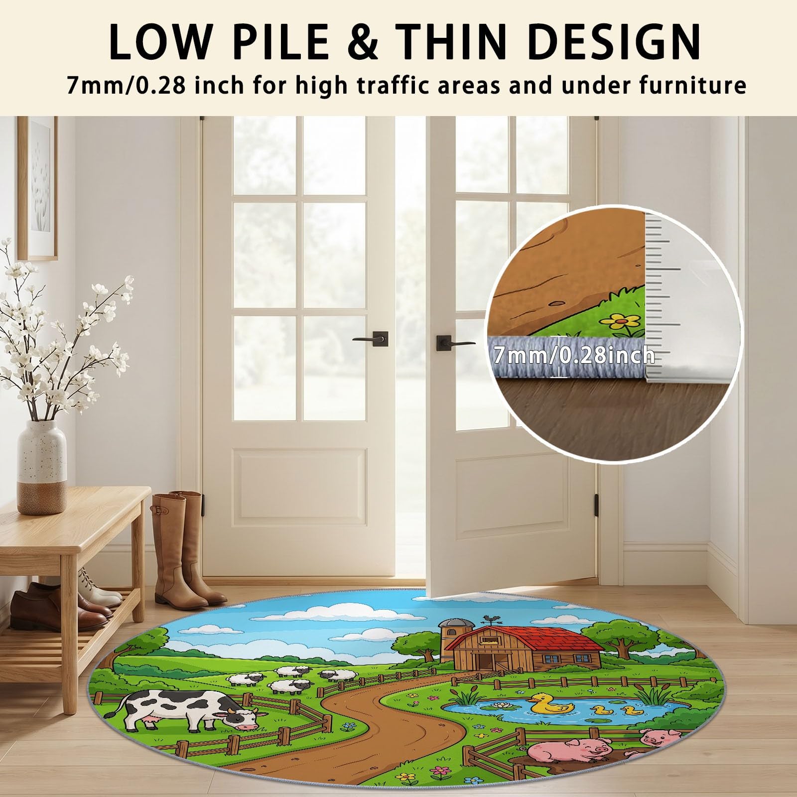Générique Tapis Rond Vert 120 cm, Tapis à Poils Courts Lavable, Rond, Antidérapant et Doux, Design Dessin Animé Animal Grange Ludique en Dessin Animé pour Pépinière