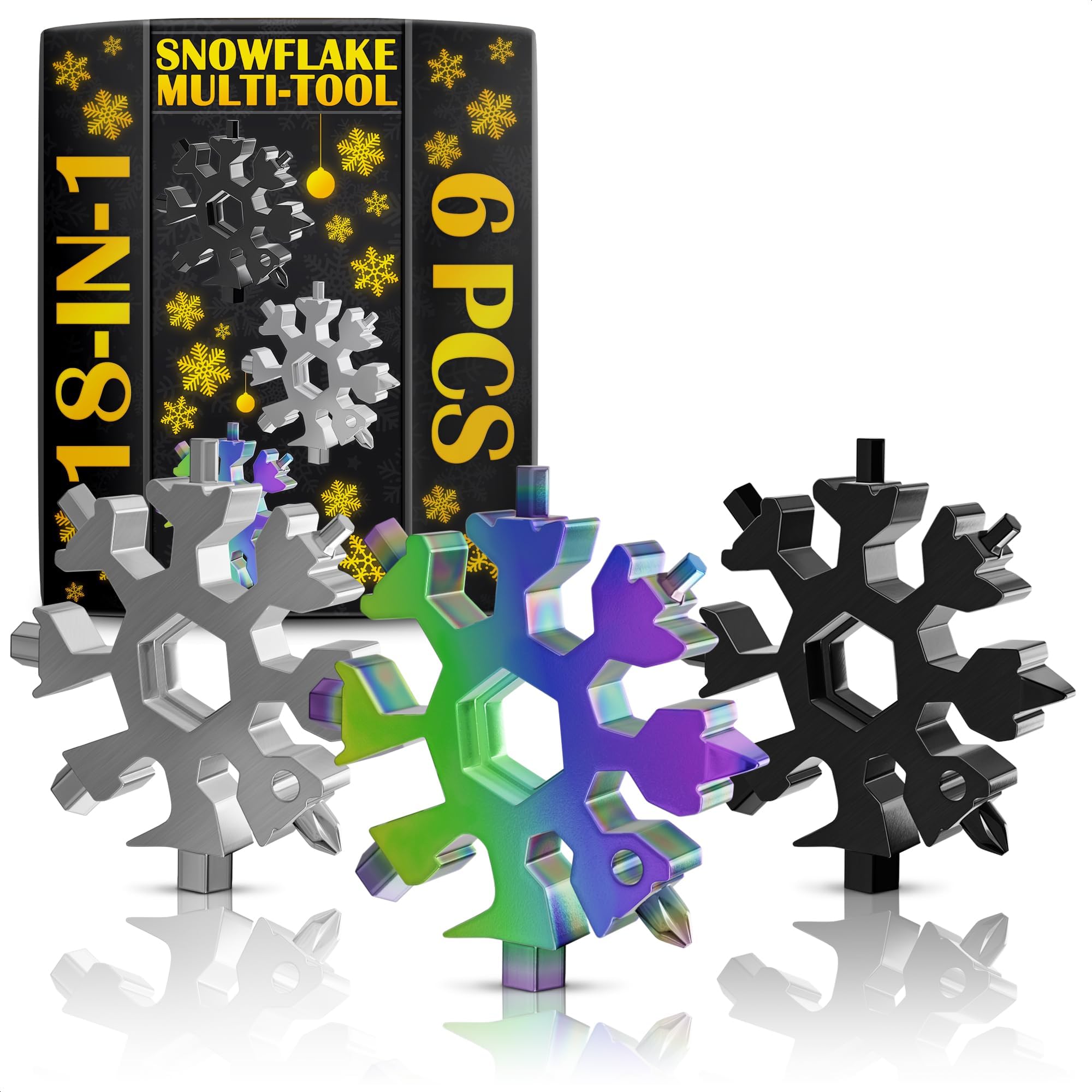 KETAR 6 PCS 18-in-1 Stainless Steel Snowflake Multi-Tool Portable Keychain Screwdriver Bottle Opener Tool for Outdoor Camping - Bicycle Multitools Cool Gadgets Gift Idea (Silver, Multicolor, Black)