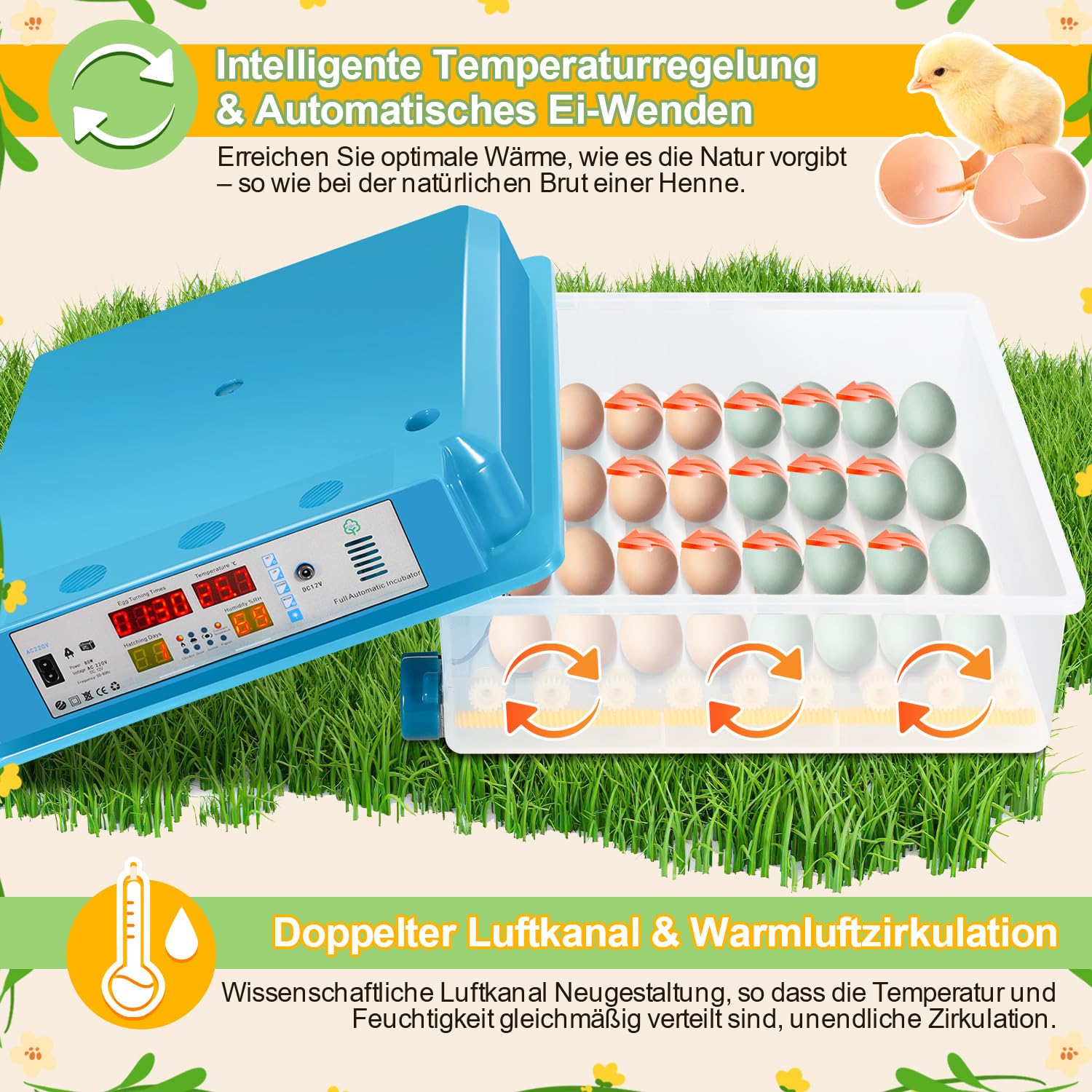 Incubadora totalmente automática, incubadora para 64 huevos de gallina con control de temperatura y humedad, sistema automático de giro de 90 minutos, transluminancia LED y funcionamiento con