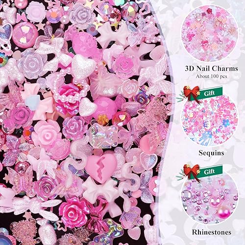 Miniatura 2 de 3D Cute Nail Charms, 100 Pieces Rabbit Butterfly Flower Bow Nail Art Charms Mixed Flatback Nail Rhinestones Pearls and Nail Glitter As Gift, Resin