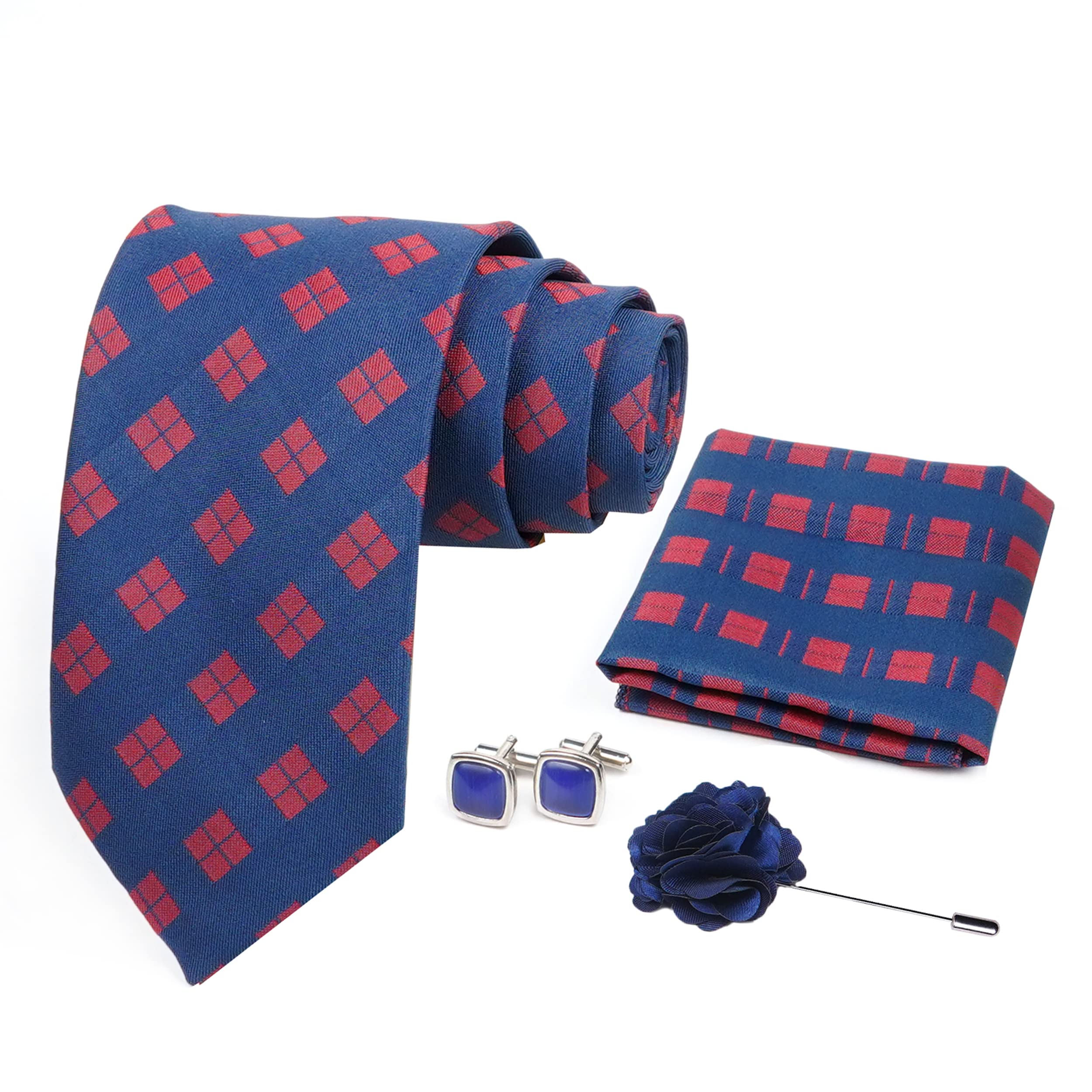 Mens Plaid Micro Self Silk Necktie Gift Set With Pocket Square Cufflinks & Brooch Pin Formal Tie With Box (SLKP_11, Blue)-image-28