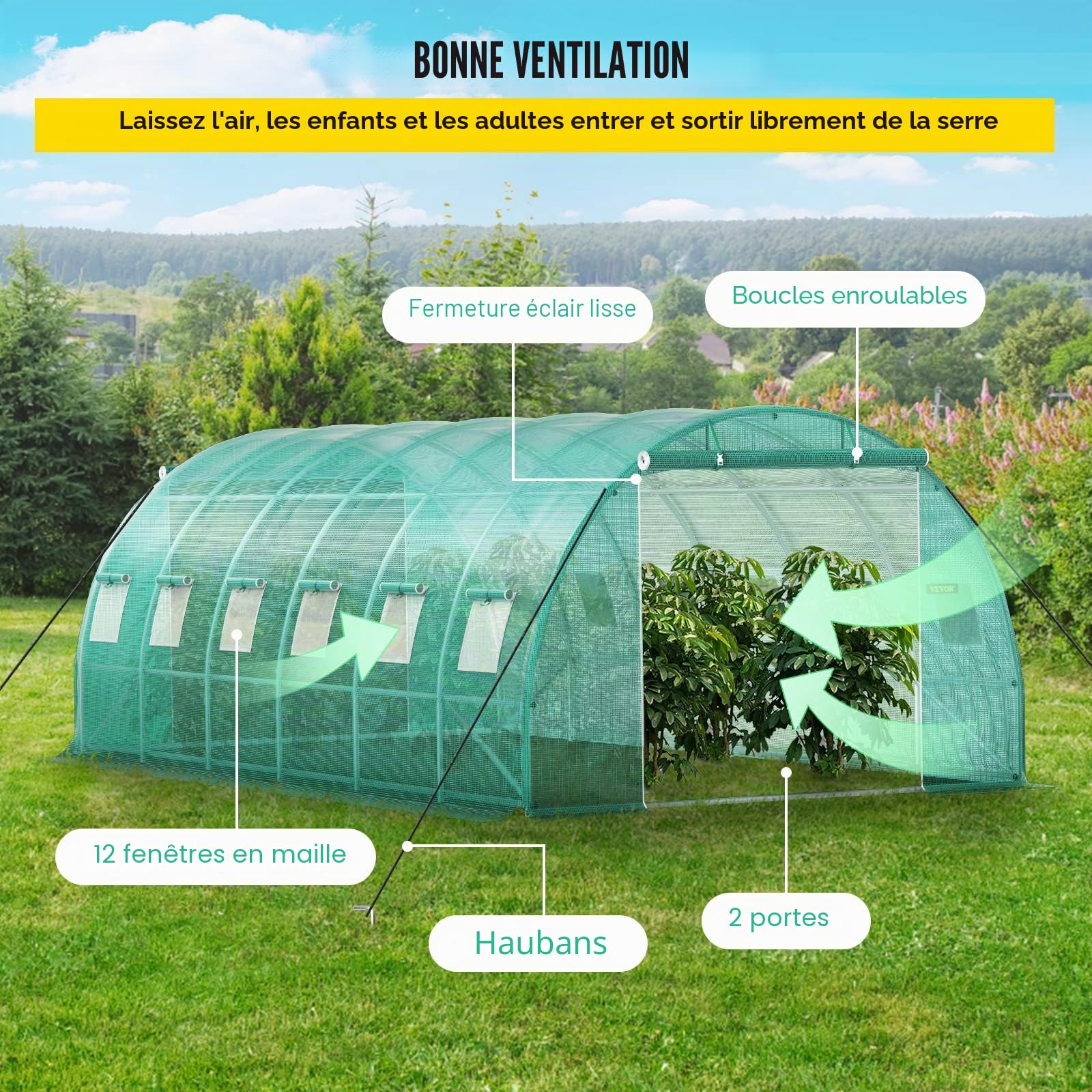 VEVOR Serre Tunnel Jardin 6,1x3x2,1 m Tente Abri Plantes Cadre en Acier Galvanisé Couverture Étanche PE 3 Poutres Supérieures 4 Poteaux Diagonaux 2 Portes 12 Fenêtres pour Cultiver Légumes Fleurs Vert