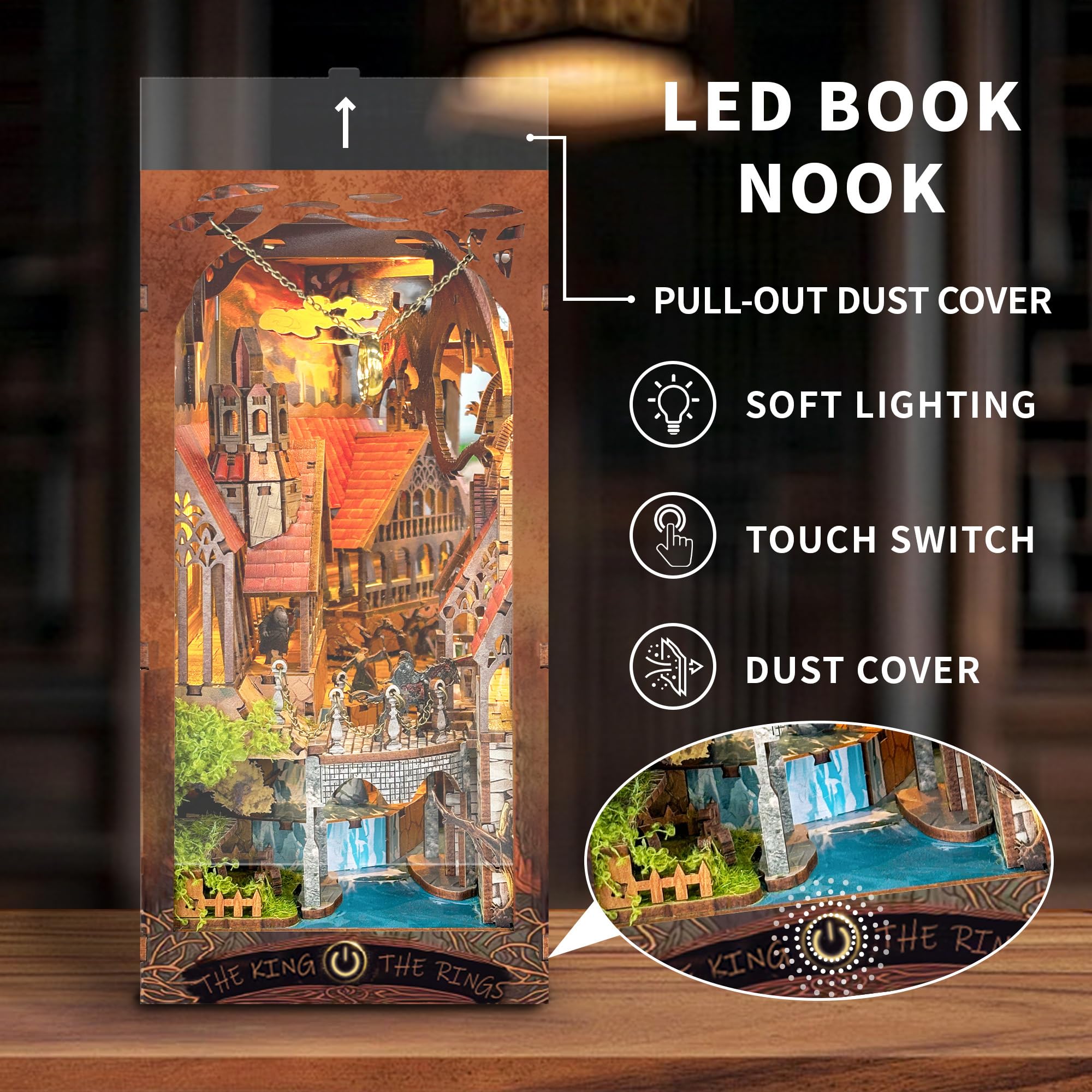 Zestaw Book Nook ze światłami LED DIY Miniaturowy domek dla lalek | Drewniane puzzle 3D dla dorosłych regał na książki dekoracja idealny prezent urodzinowy świąteczny dla rodziny i przyjaciół