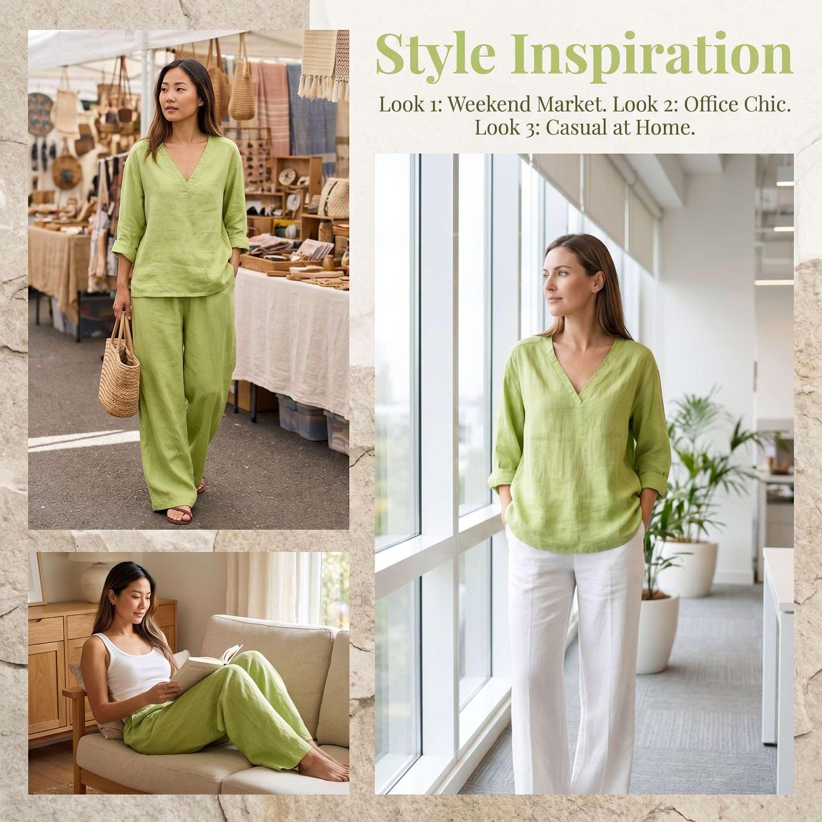 Générique Ensemble Femme 2 Pièces Été Imprimé Floral Chic - Haut Col V Manches 3/4 et Pantalon Large Fluide à Taille Haute Tenue de Vacances Bohème Décontractée en Mélange Coton et Lin