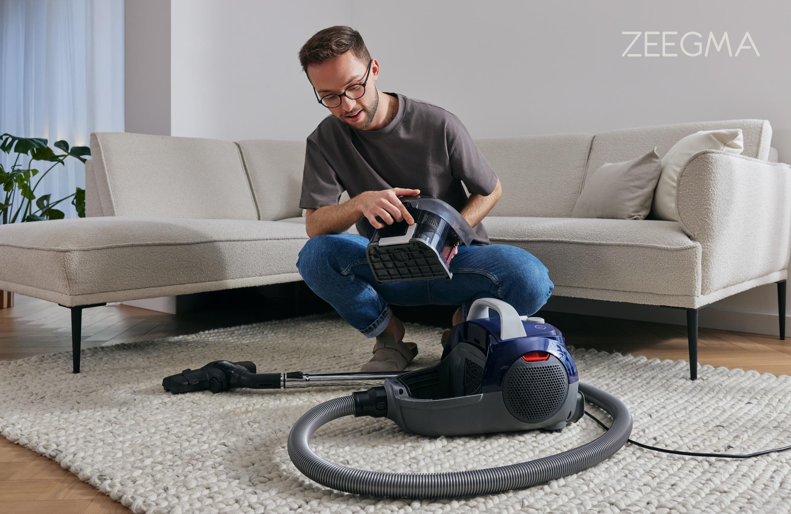 Zeegma ZONDER VERRE Flow Beutelloser Staubsauger 2 hygienische Filter | Allergikerfreundlich Hohe Saugleistung Turbobürste für Parkett 800 W Langes Kabel Geräuschloser Betrieb Duftpatronen