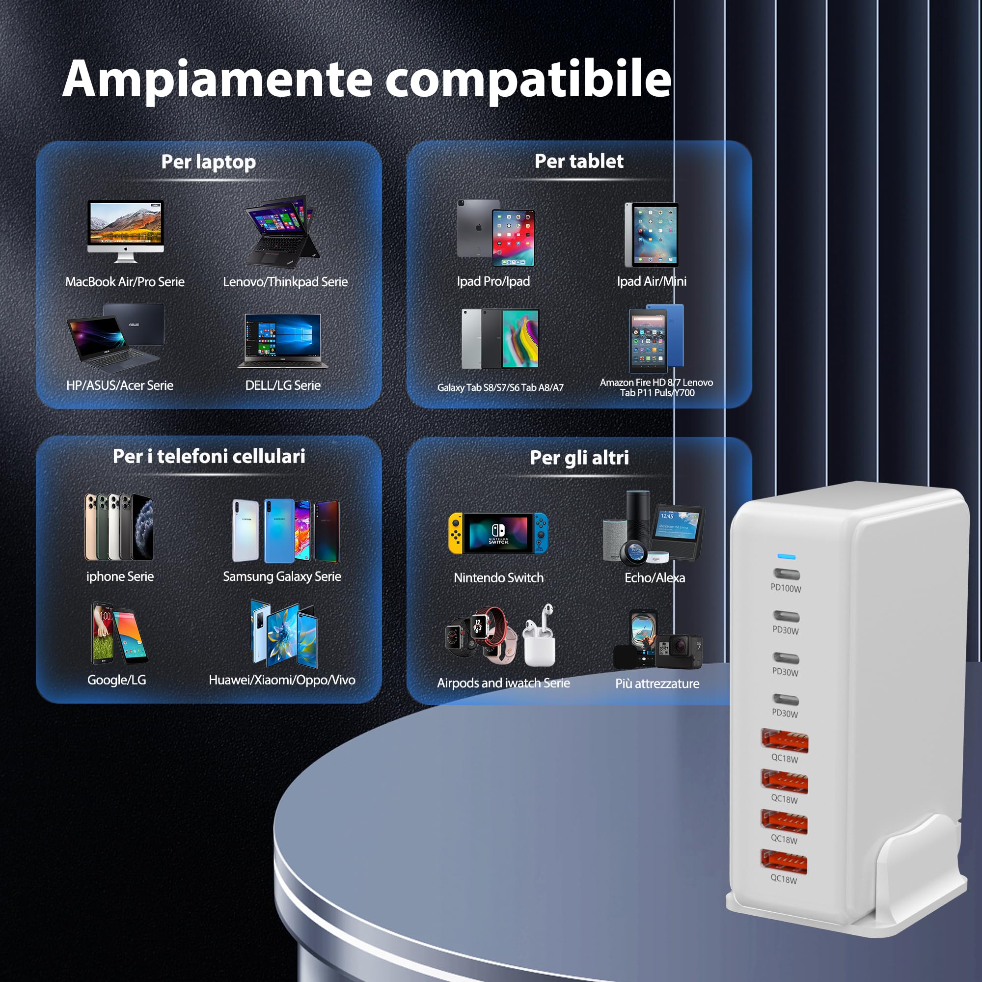 Caricabatterie Multiplo Per Cellulari Per 7 Dispositivi Contemporaneamente: 6 Usb (anche Type C - Foto 9